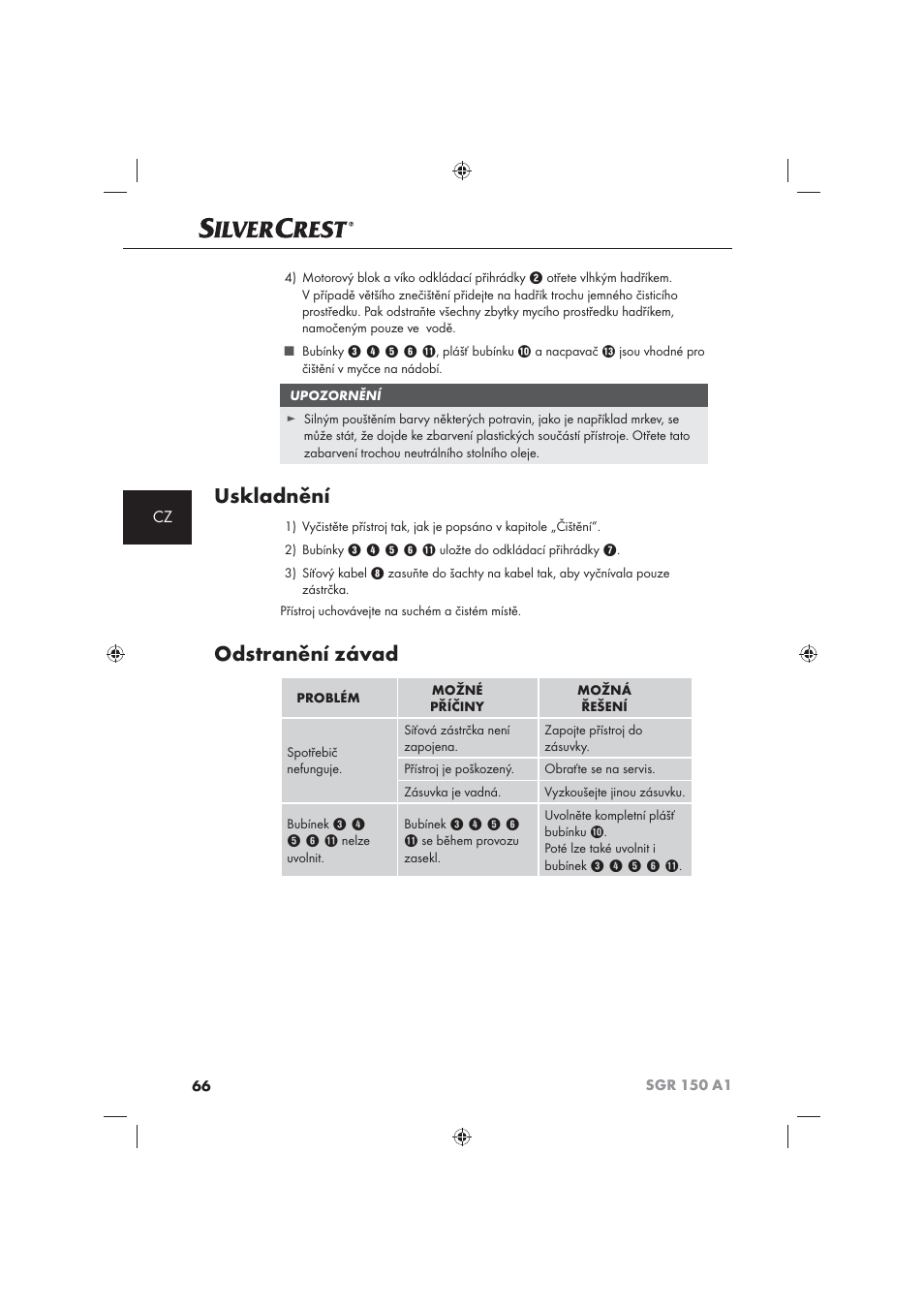 Uskladnění, Odstranění závad | Silvercrest SGR 150 A1 User Manual | Page 68 / 101