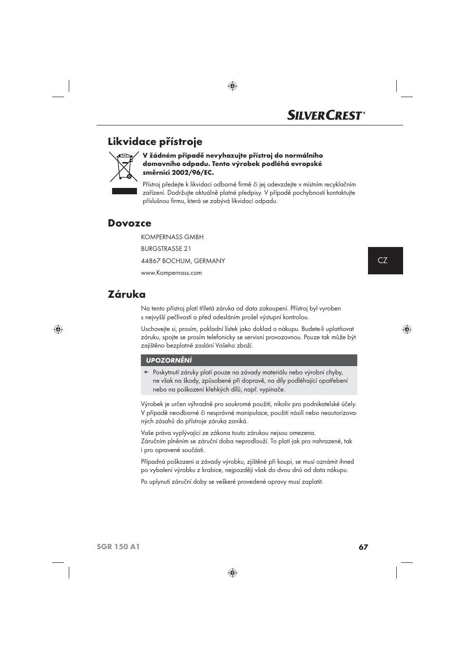 Likvidace přístroje, Dovozce, Záruka | Silvercrest SGR 150 A1 User Manual | Page 69 / 101