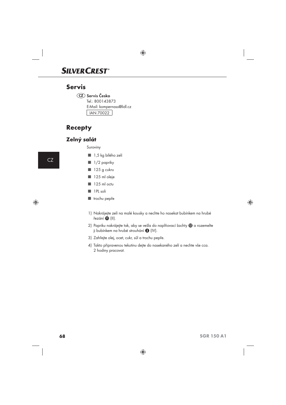 Servis, Recepty, Zelný salát | Silvercrest SGR 150 A1 User Manual | Page 70 / 101