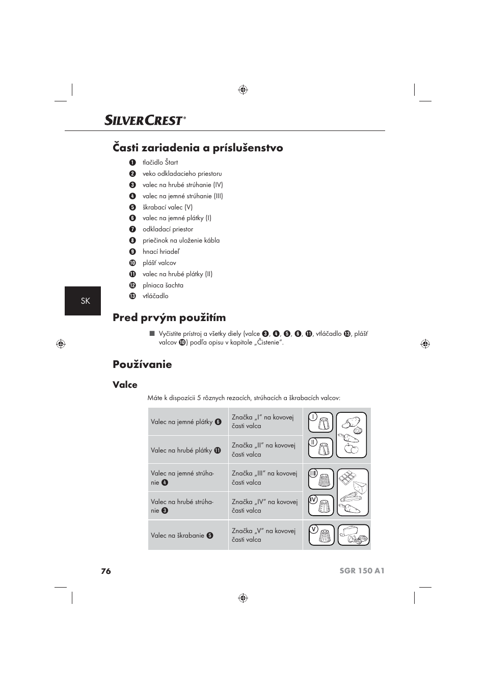 Časti zariadenia a príslušenstvo, Pred prvým použitím, Používanie | Valce | Silvercrest SGR 150 A1 User Manual | Page 78 / 101