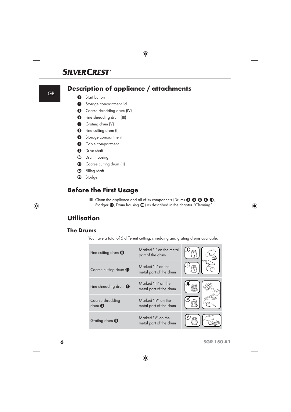 Description of appliance / attachments, Before the first usage, Utilisation | The drums | Silvercrest SGR 150 A1 User Manual | Page 8 / 101