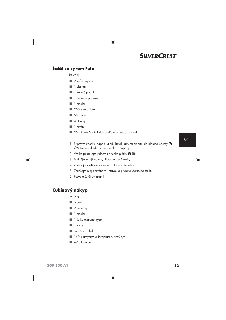 Šalát so syrom feta, Cukinový nákyp | Silvercrest SGR 150 A1 User Manual | Page 85 / 101