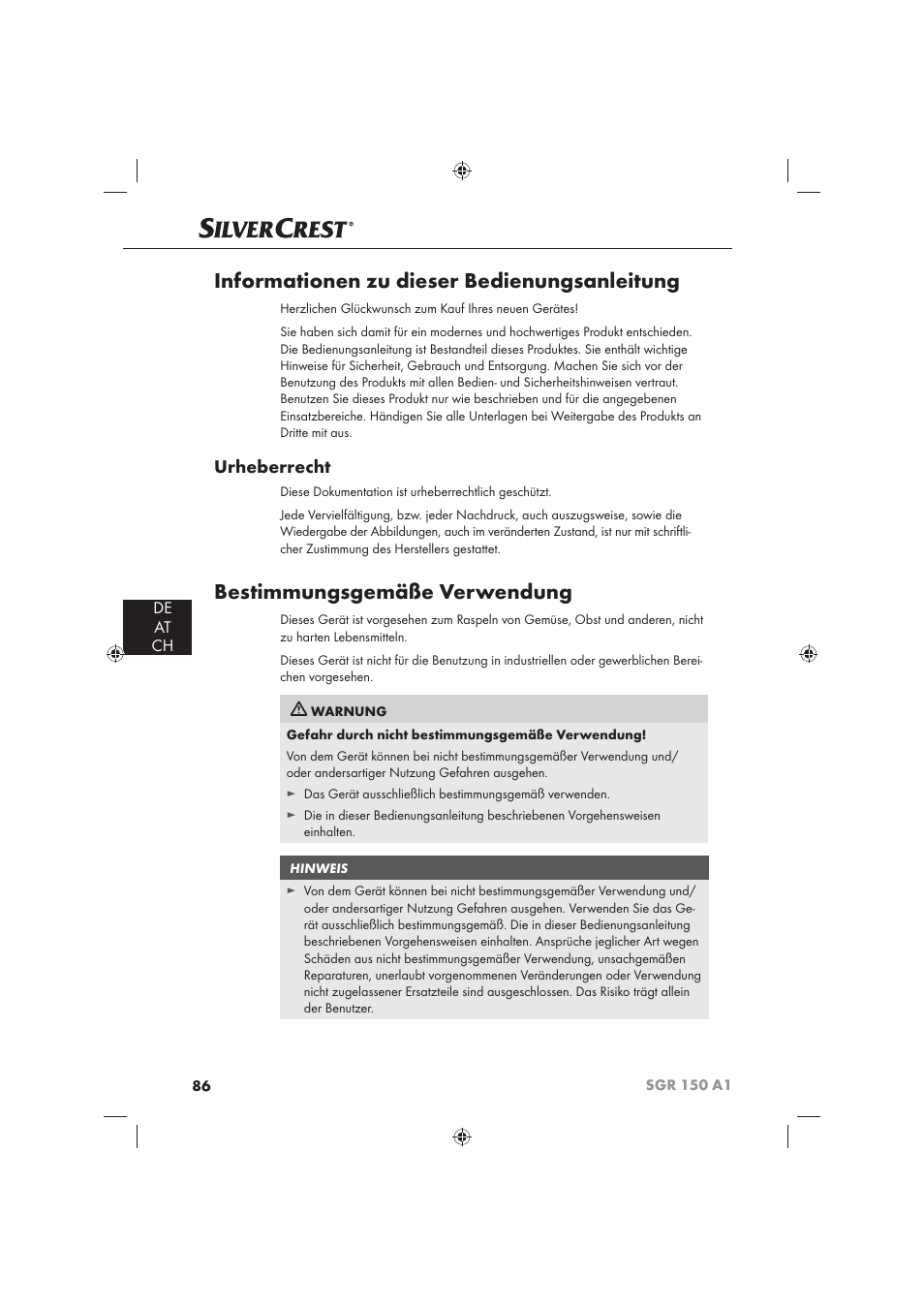 Informationen zu dieser bedienungsanleitung, Bestimmungsgemäße verwendung, Urheberrecht | De at ch | Silvercrest SGR 150 A1 User Manual | Page 88 / 101