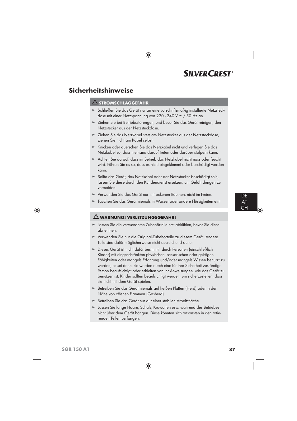 Sicherheitshinweise, De at ch | Silvercrest SGR 150 A1 User Manual | Page 89 / 101
