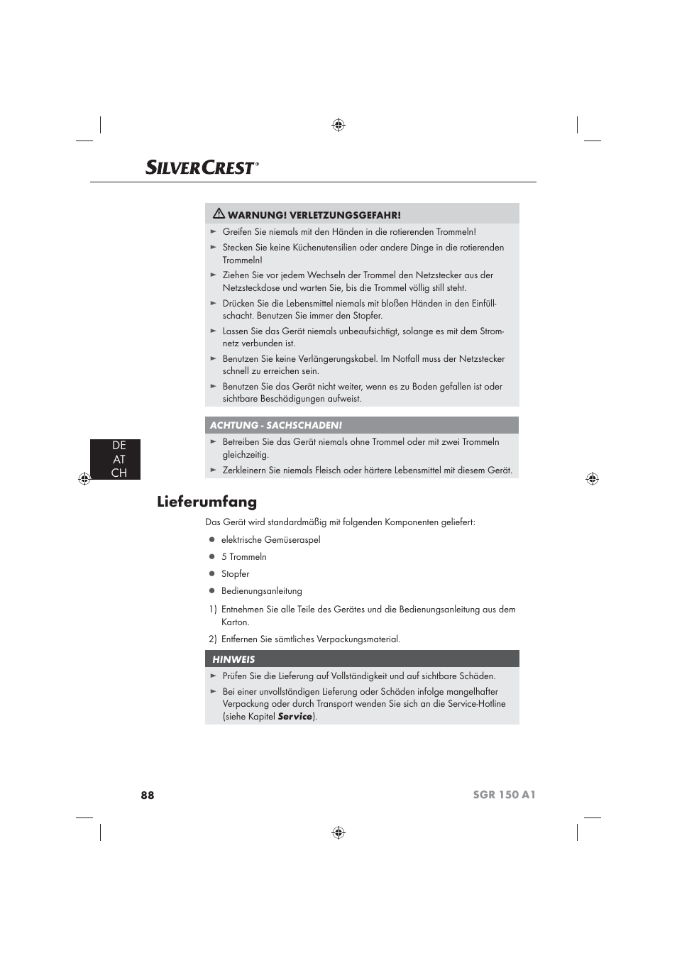 Lieferumfang, De at ch | Silvercrest SGR 150 A1 User Manual | Page 90 / 101