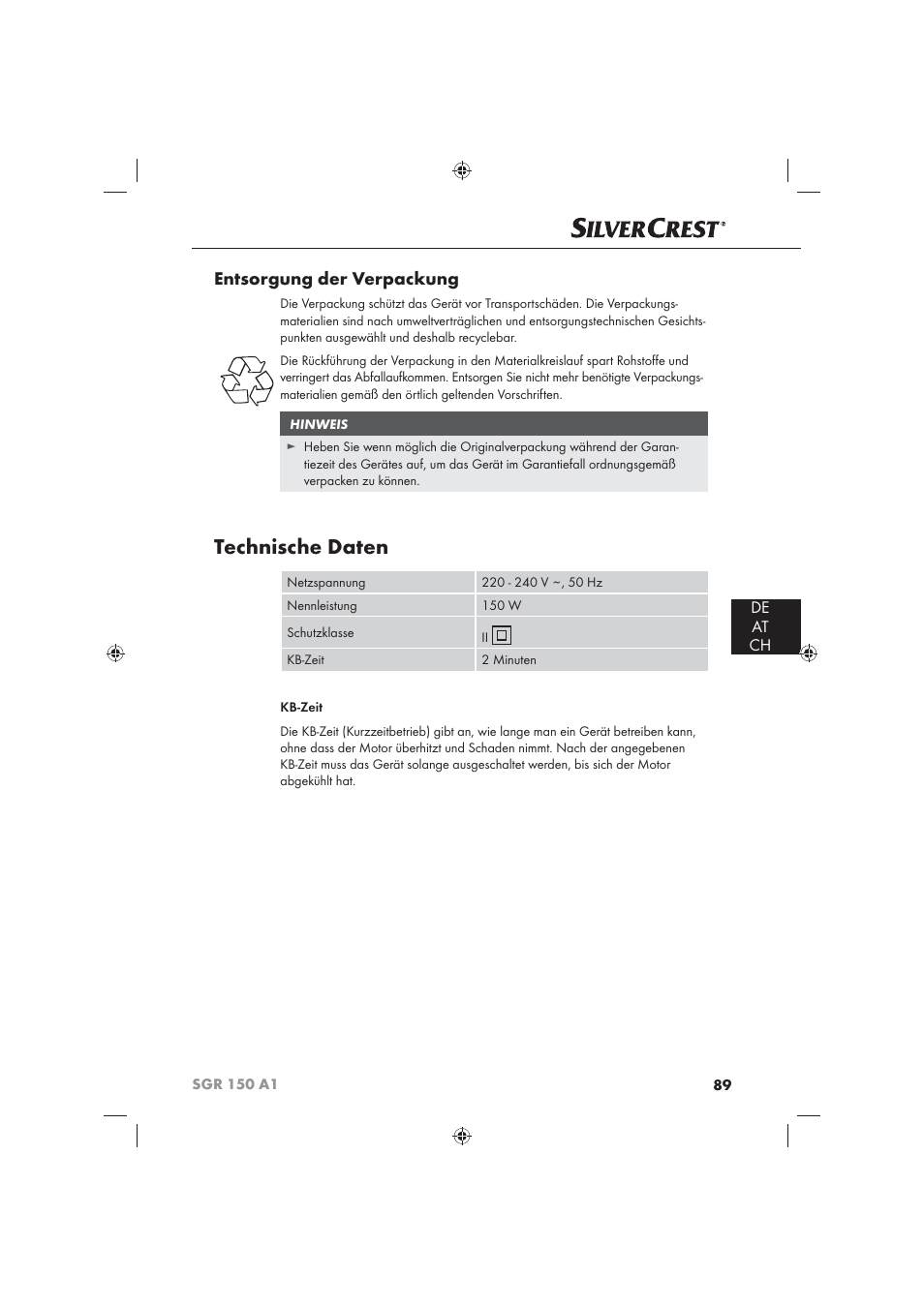 Technische daten, Entsorgung der verpackung, De at ch | Silvercrest SGR 150 A1 User Manual | Page 91 / 101