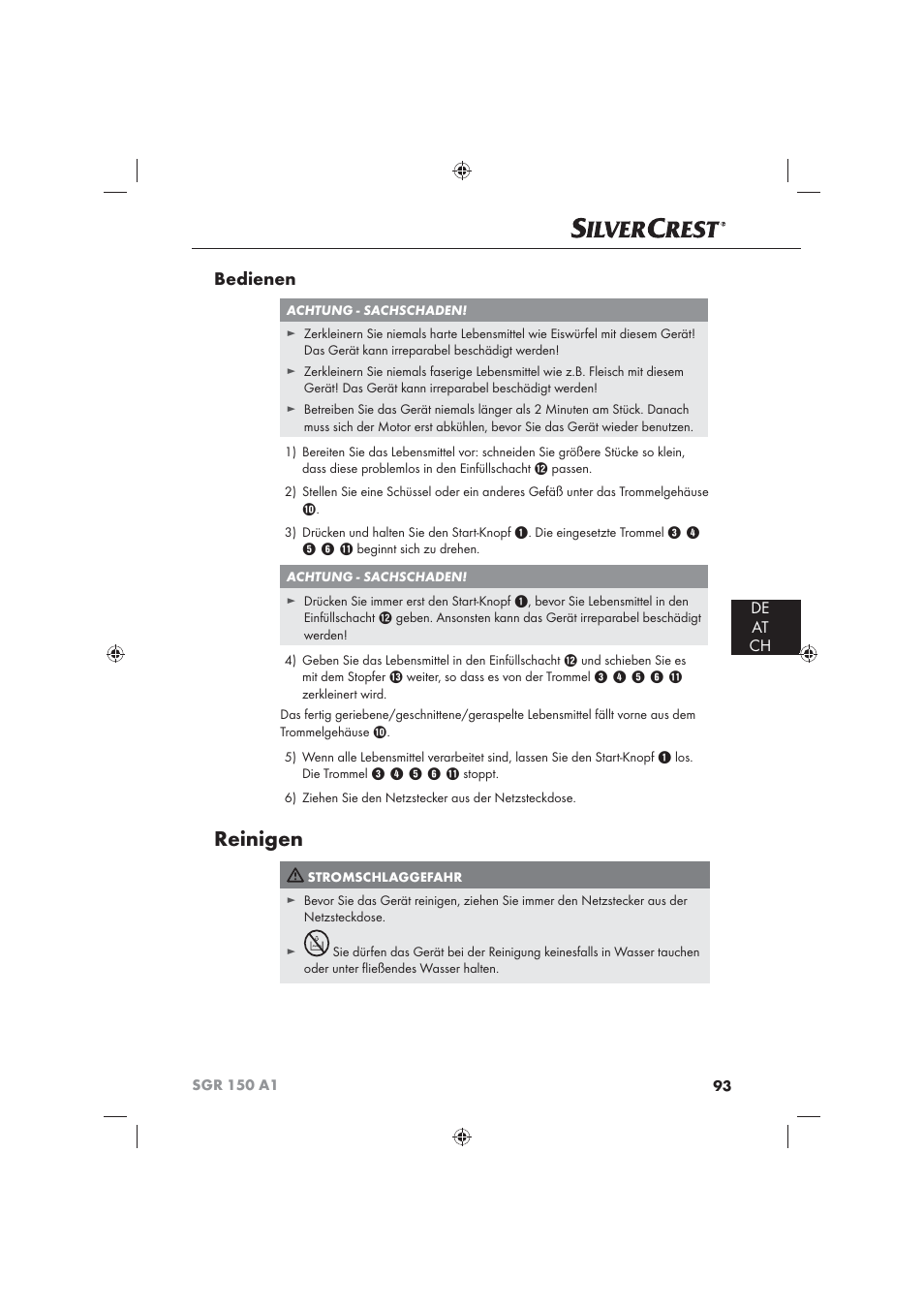 Reinigen, Bedienen, De at ch | Silvercrest SGR 150 A1 User Manual | Page 95 / 101