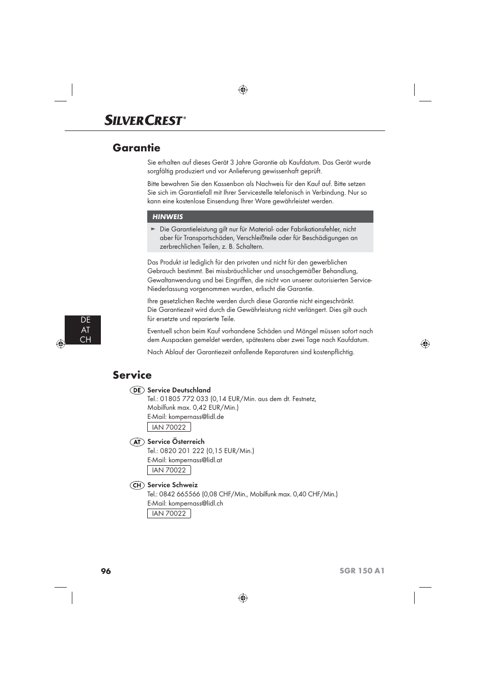 Garantie, Service, De at ch | Silvercrest SGR 150 A1 User Manual | Page 98 / 101