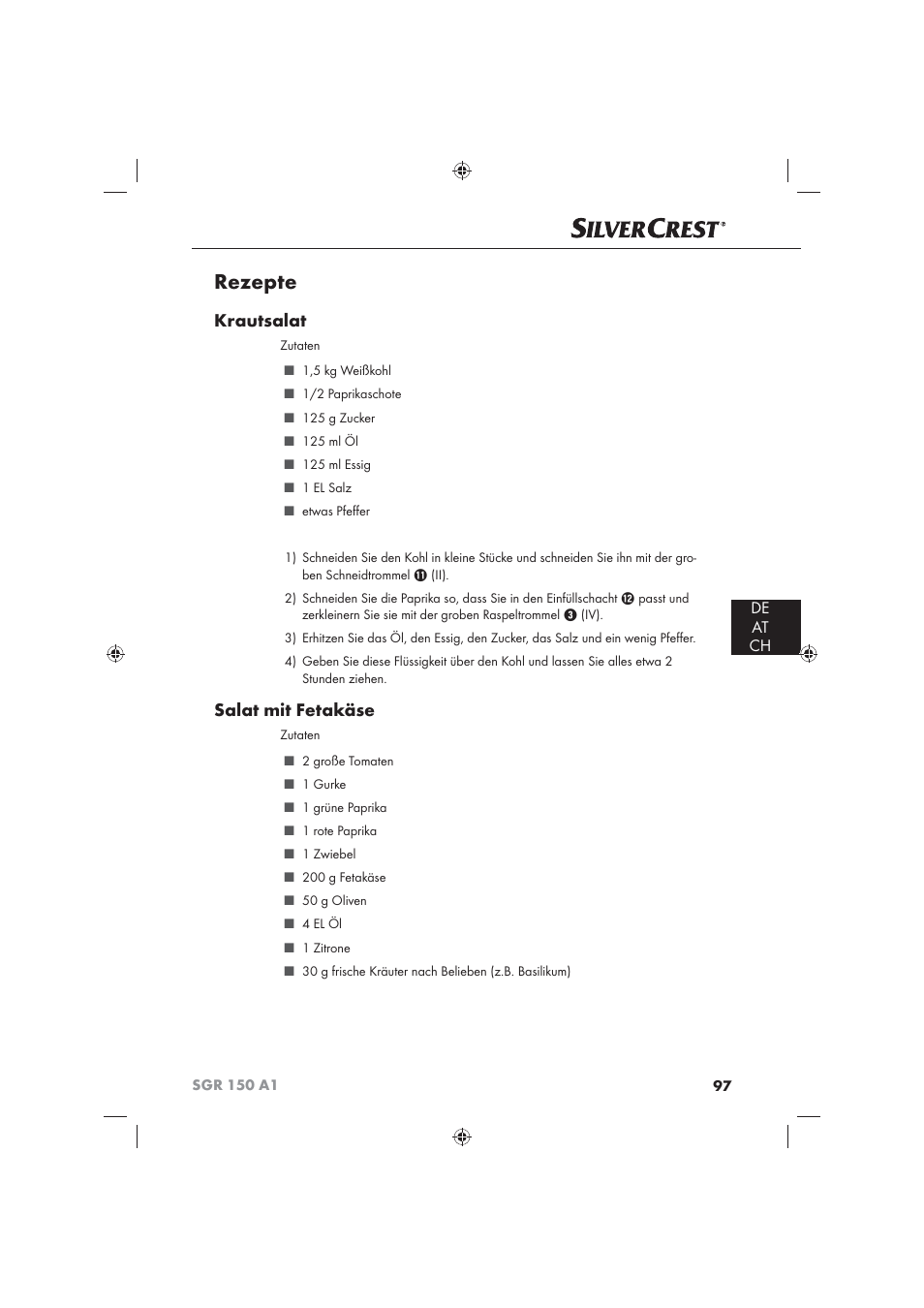 Rezepte, Krautsalat, Salat mit fetakäse | De at ch | Silvercrest SGR 150 A1 User Manual | Page 99 / 101