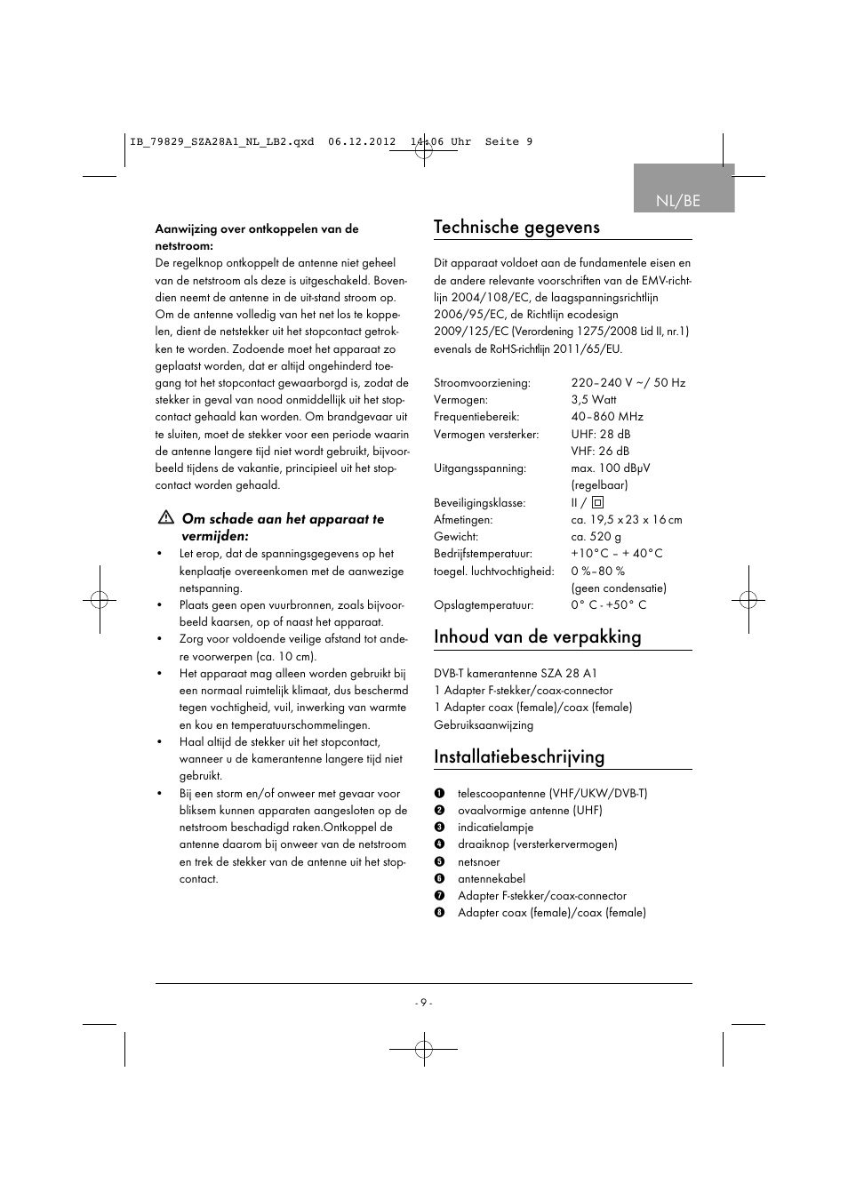 Technische gegevens, Inhoud van de verpakking, Installatiebeschrijving | Nl/be, Om schade aan het apparaat te vermijden | Silvercrest SZA 28 A1 User Manual | Page 12 / 28