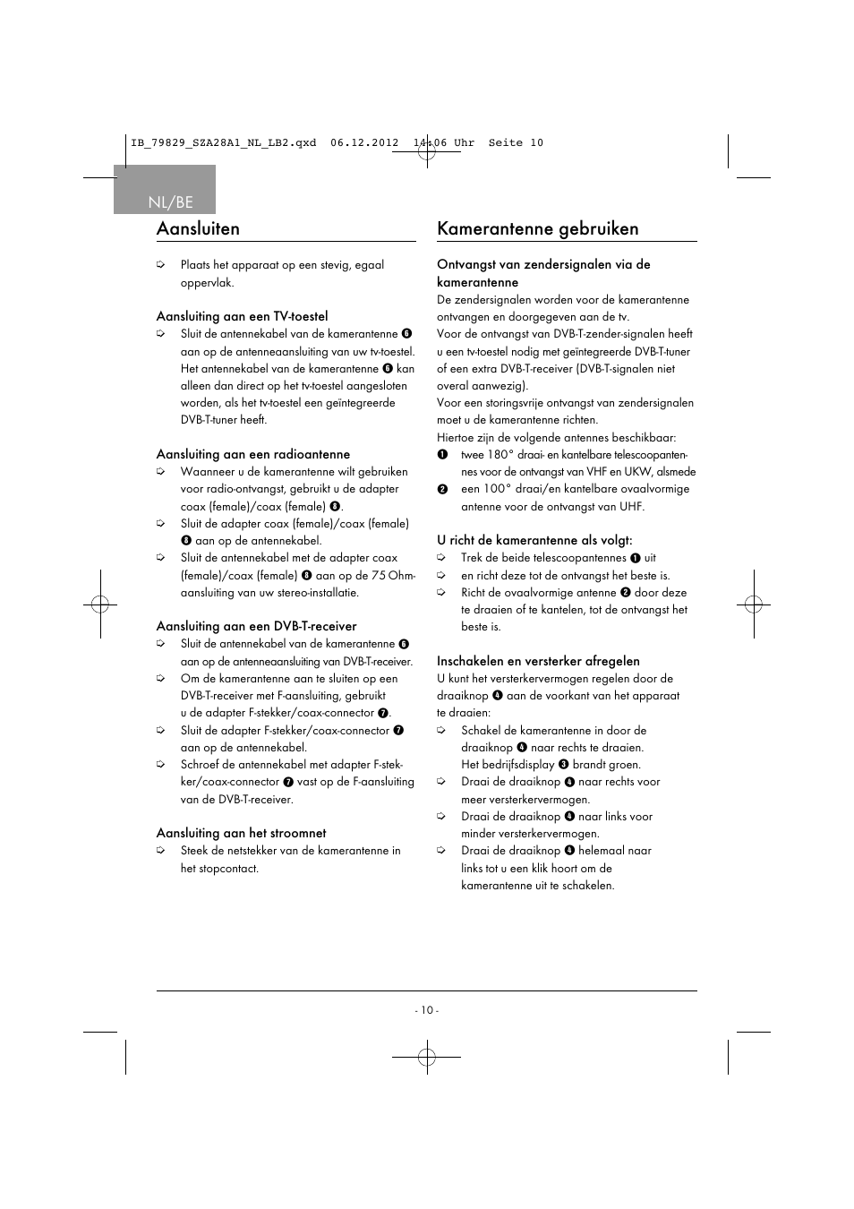 Aansluiten, Kamerantenne gebruiken, Nl/be | Silvercrest SZA 28 A1 User Manual | Page 13 / 28