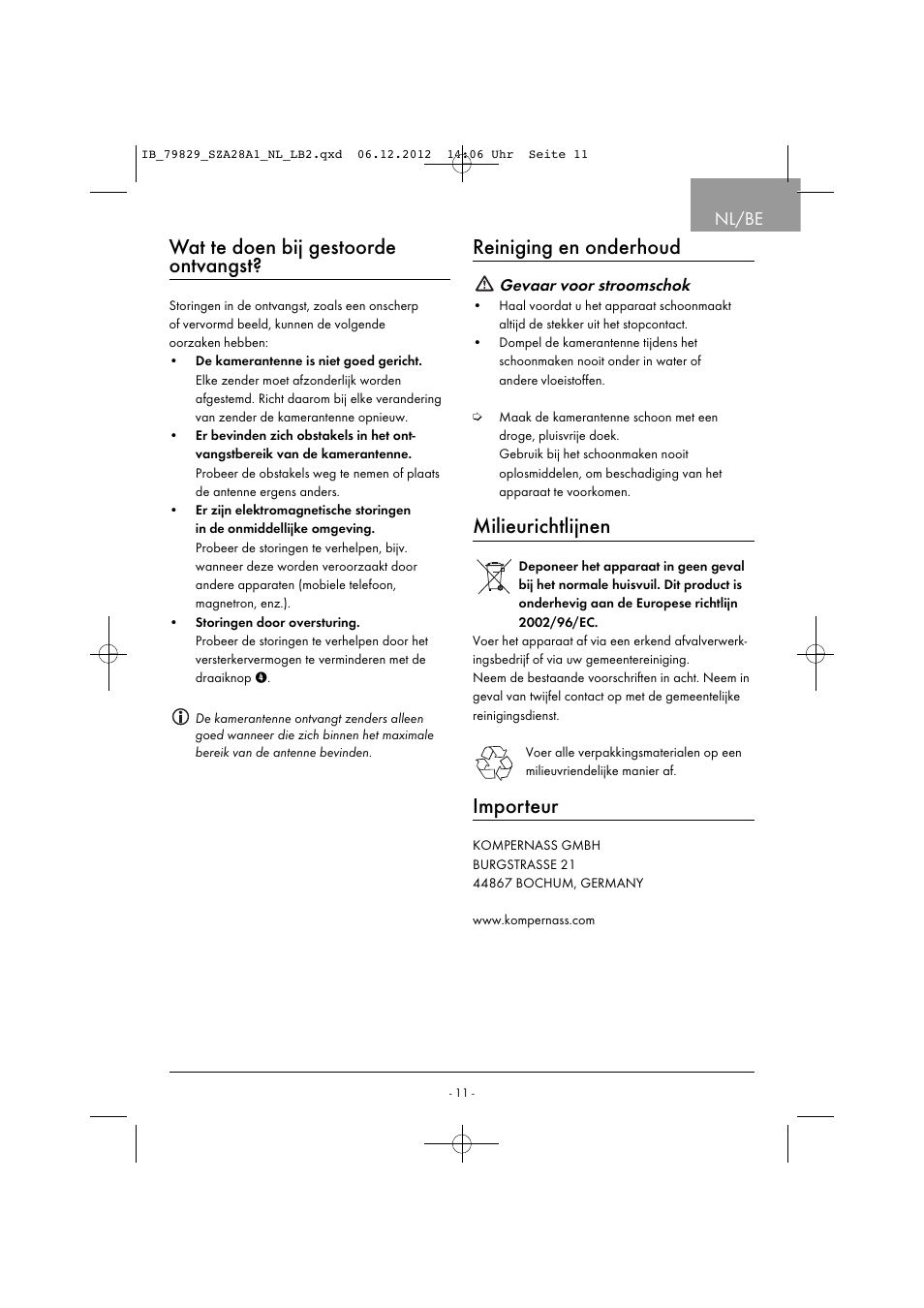 Wat te doen bij gestoorde ontvangst, Reiniging en onderhoud, Milieurichtlijnen | Importeur, Nl/be | Silvercrest SZA 28 A1 User Manual | Page 14 / 28