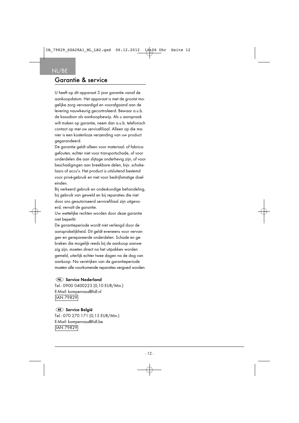 Garantie & service, Nl/be | Silvercrest SZA 28 A1 User Manual | Page 15 / 28