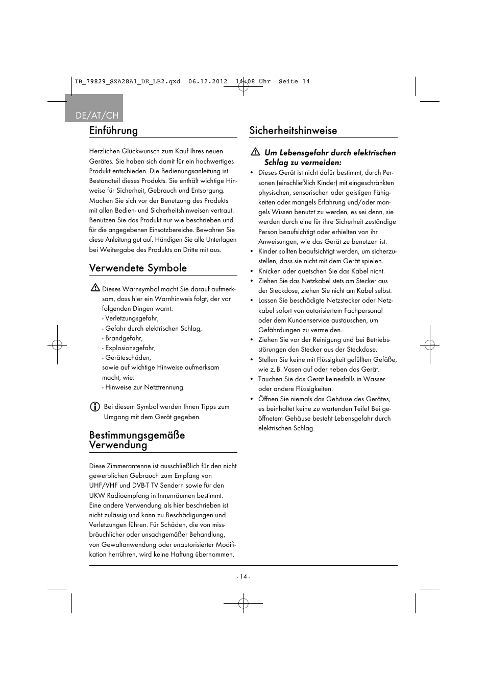 Einführung, Verwendete symbole, Bestimmungsgemäße verwendung | Sicherheitshinweise, De/at/ch | Silvercrest SZA 28 A1 User Manual | Page 17 / 28