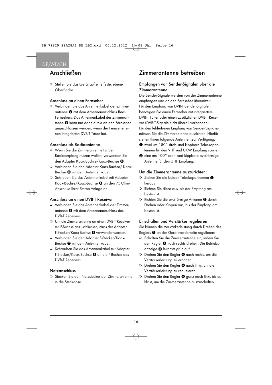 Anschließen, Zimmerantenne betreiben, De/at/ch | Silvercrest SZA 28 A1 User Manual | Page 19 / 28