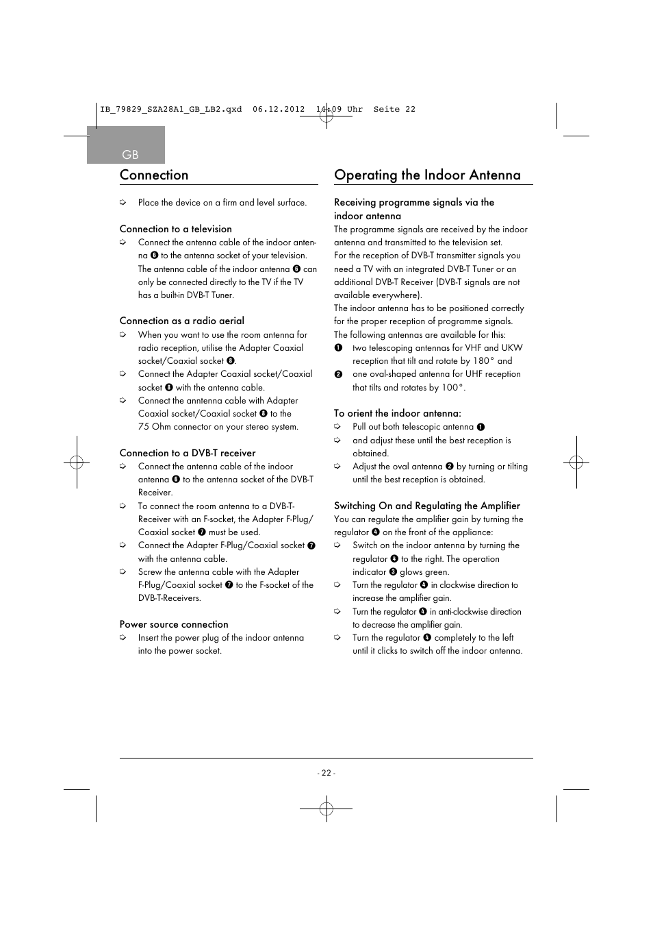 Connection, Operating the indoor antenna | Silvercrest SZA 28 A1 User Manual | Page 25 / 28