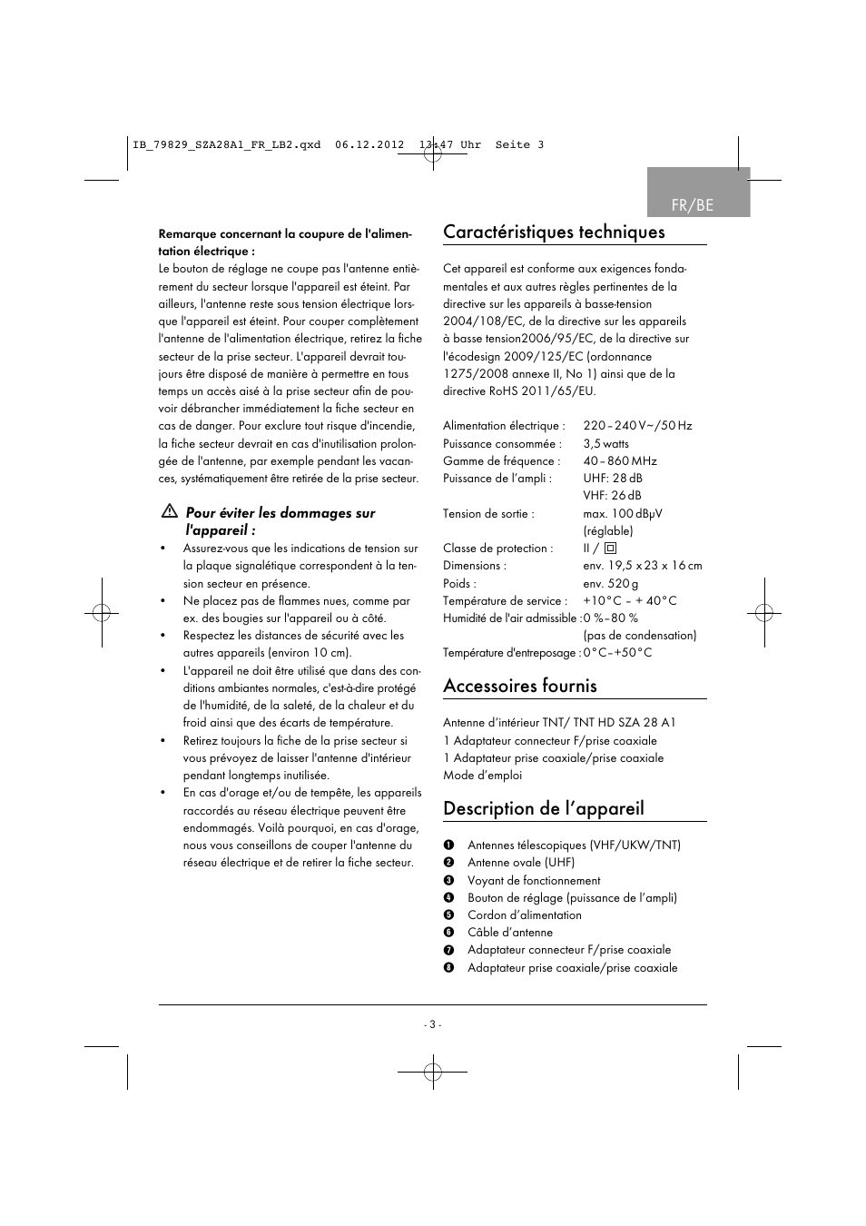 Caractéristiques techniques, Accessoires fournis, Description de l’appareil | Fr/be, Pour éviter les dommages sur l'appareil | Silvercrest SZA 28 A1 User Manual | Page 6 / 28