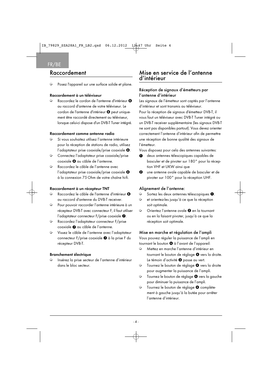 Raccordement, Mise en service de l’antenne d’intérieur, Fr/be | Silvercrest SZA 28 A1 User Manual | Page 7 / 28