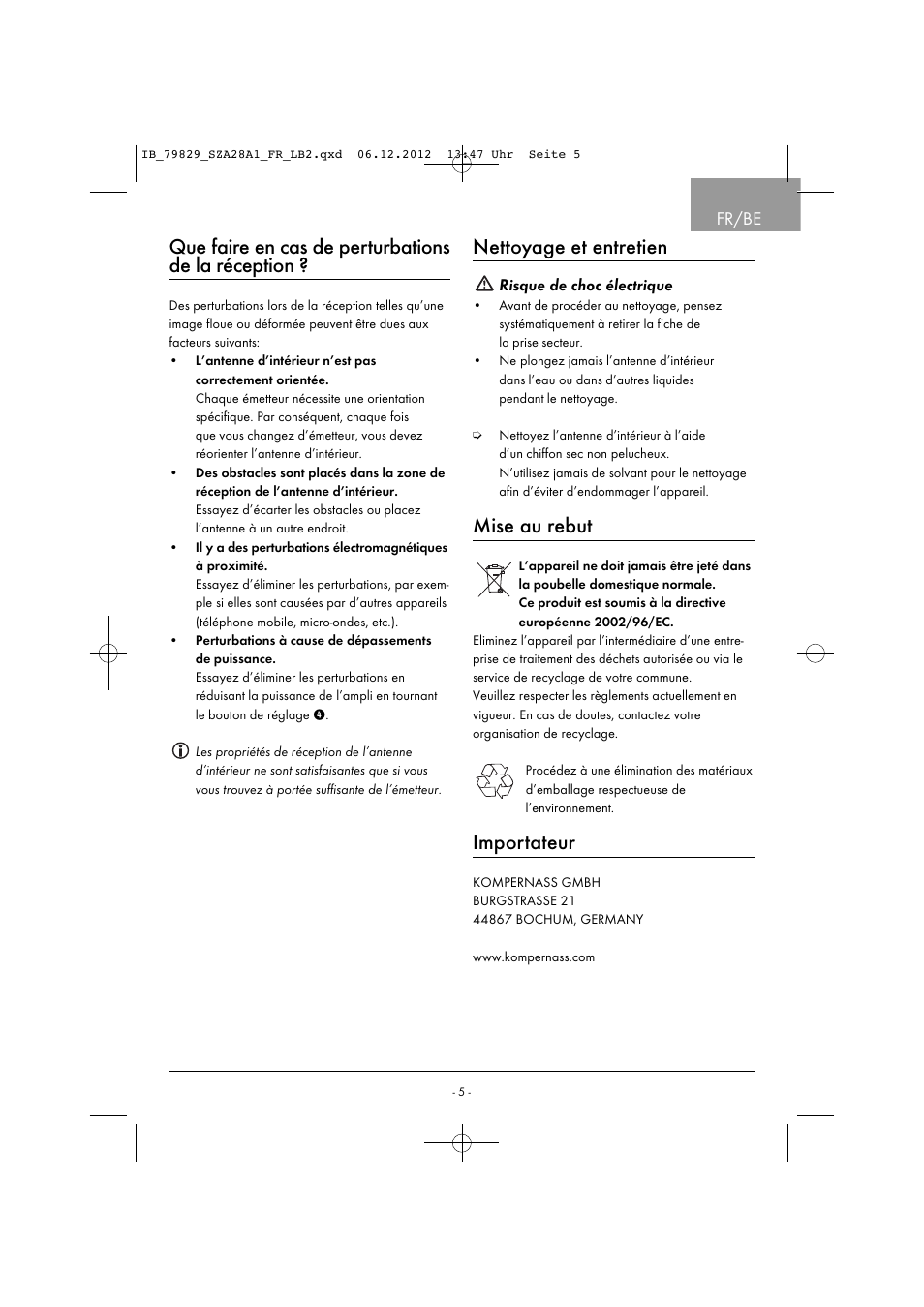 Que faire en cas de perturbations de la réception, Nettoyage et entretien, Mise au rebut | Importateur, Fr/be | Silvercrest SZA 28 A1 User Manual | Page 8 / 28