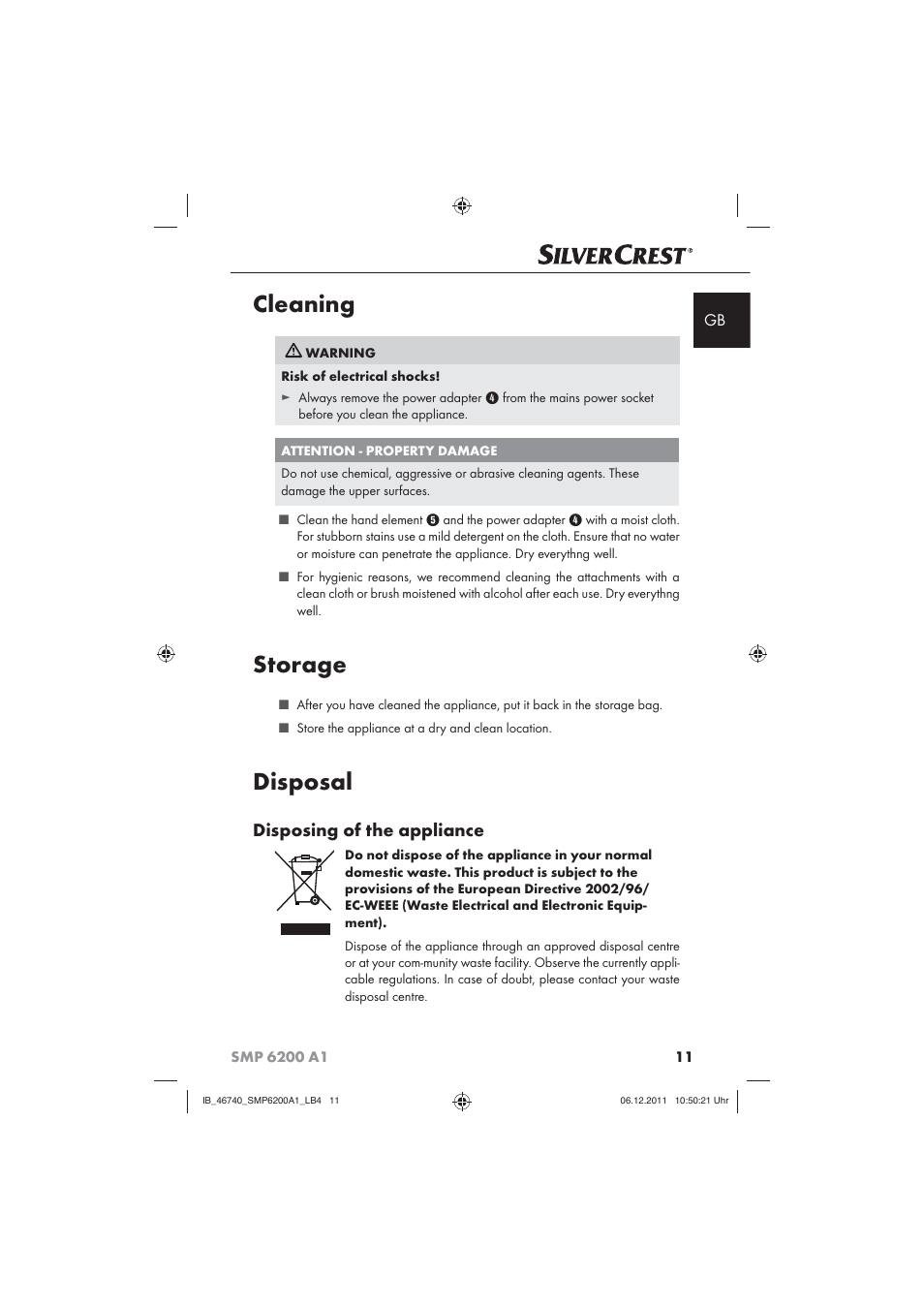 Cleaning, Storage, Disposal | Disposing of the appliance | Silvercrest SMP 6200 A1 User Manual | Page 13 / 98
