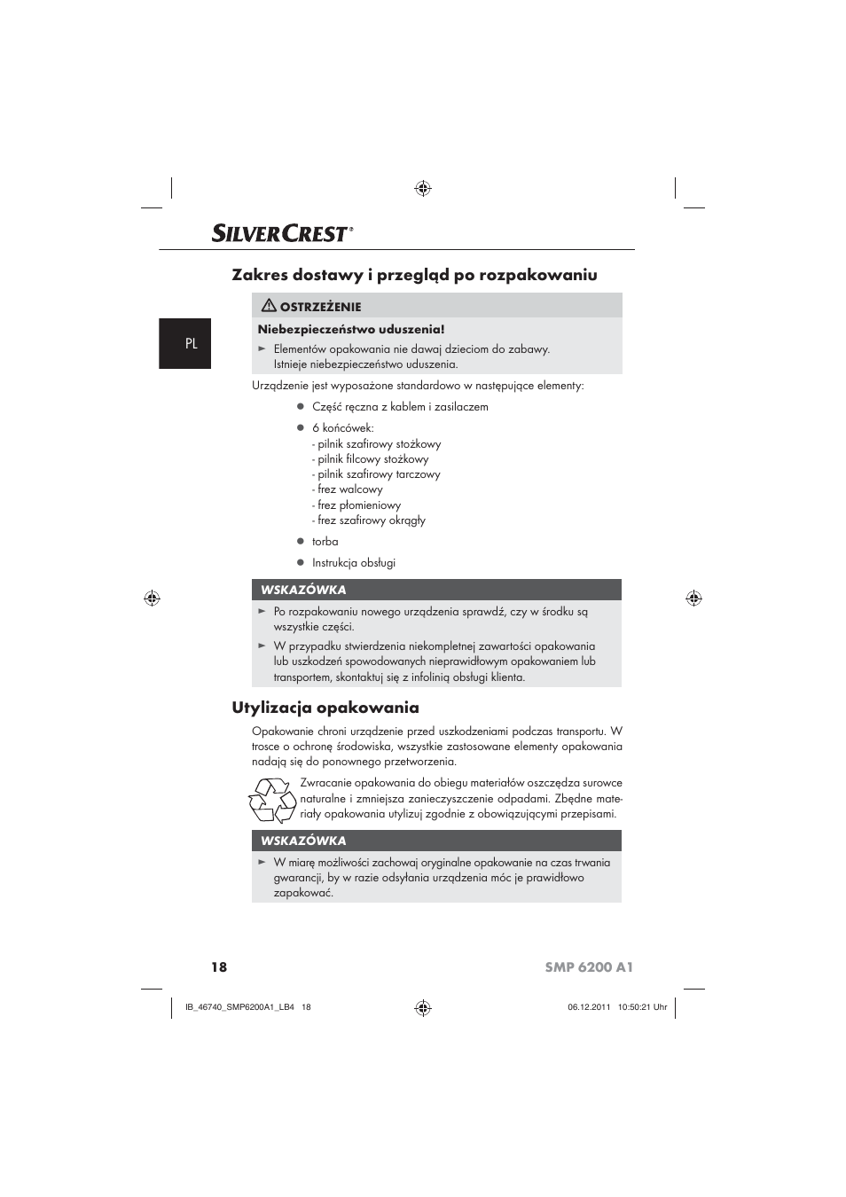 Zakres dostawy i przegląd po rozpakowaniu, Utylizacja opakowania | Silvercrest SMP 6200 A1 User Manual | Page 20 / 98