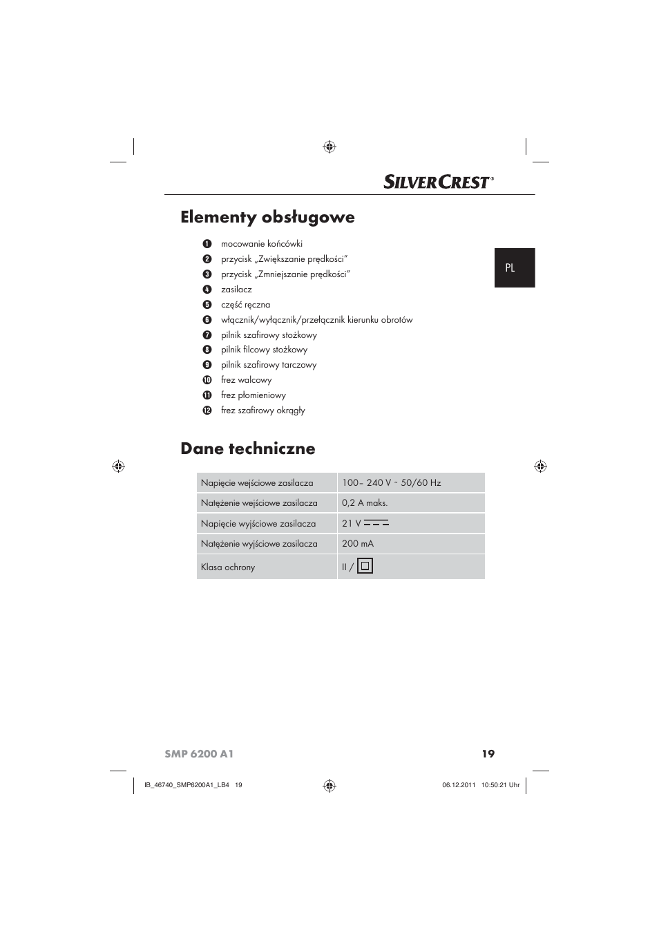 Elementy obsługowe, Dane techniczne | Silvercrest SMP 6200 A1 User Manual | Page 21 / 98