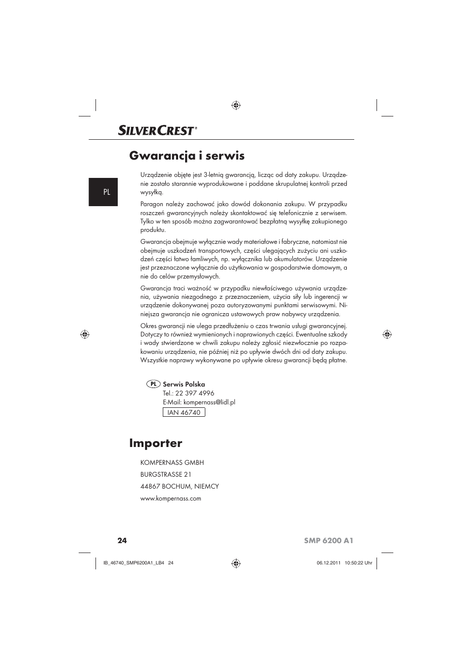 Gwarancja i serwis, Importer | Silvercrest SMP 6200 A1 User Manual | Page 26 / 98