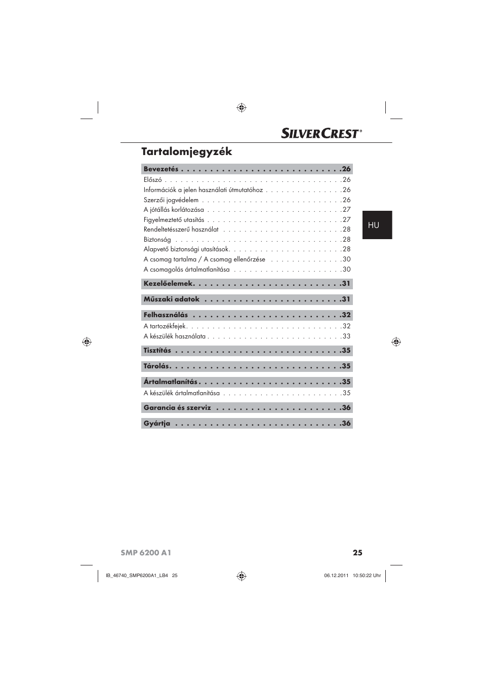 Tartalomjegyzék | Silvercrest SMP 6200 A1 User Manual | Page 27 / 98