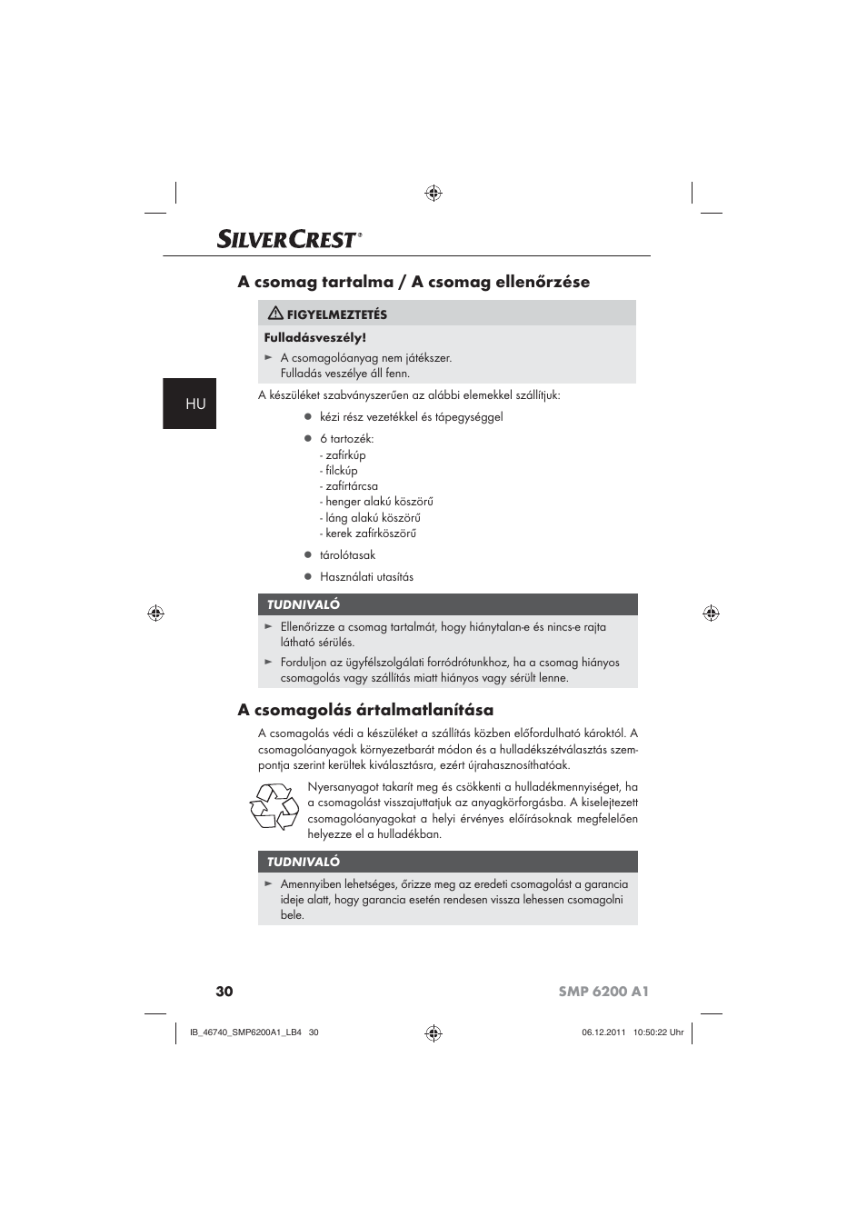 A csomag tartalma / a csomag ellenőrzése, A csomagolás ártalmatlanítása | Silvercrest SMP 6200 A1 User Manual | Page 32 / 98