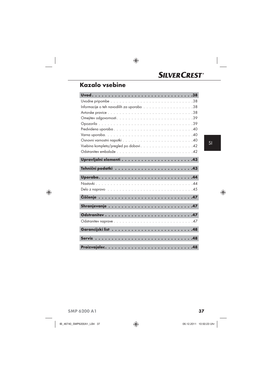 Kazalo vsebine | Silvercrest SMP 6200 A1 User Manual | Page 39 / 98