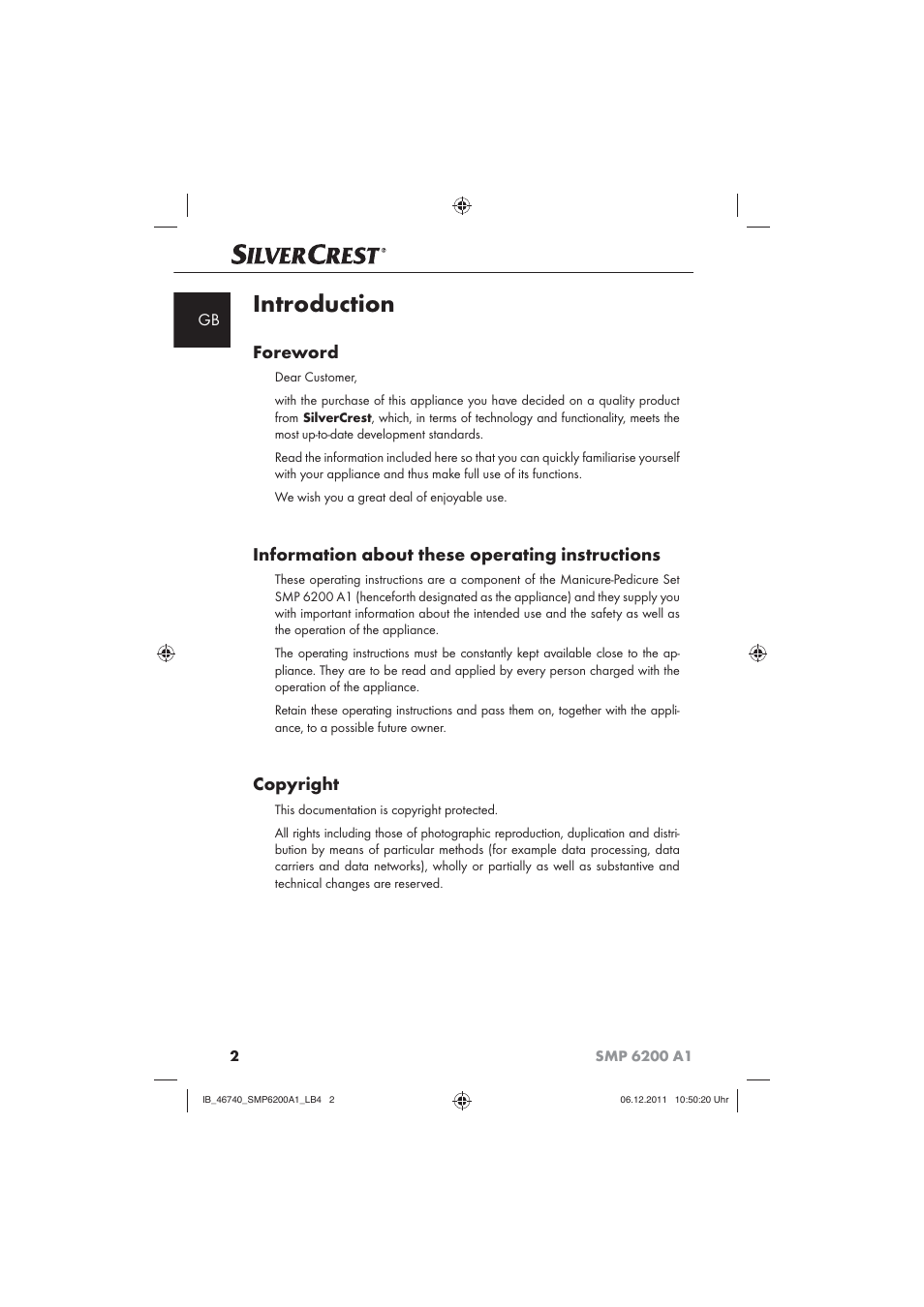 Introduction, Foreword, Information about these operating instructions | Copyright | Silvercrest SMP 6200 A1 User Manual | Page 4 / 98