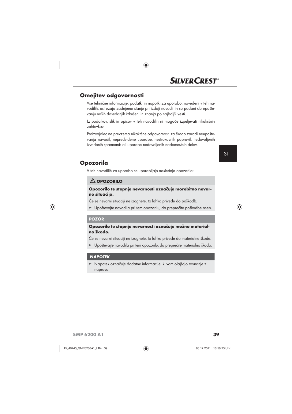 Omejitev odgovornosti, Opozorila | Silvercrest SMP 6200 A1 User Manual | Page 41 / 98