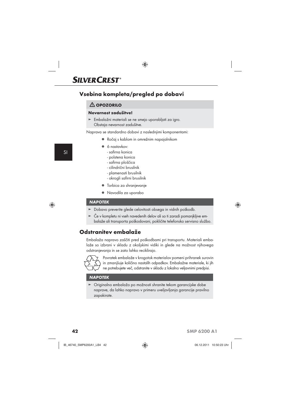 Vsebina kompleta/pregled po dobavi, Odstranitev embalaže | Silvercrest SMP 6200 A1 User Manual | Page 44 / 98