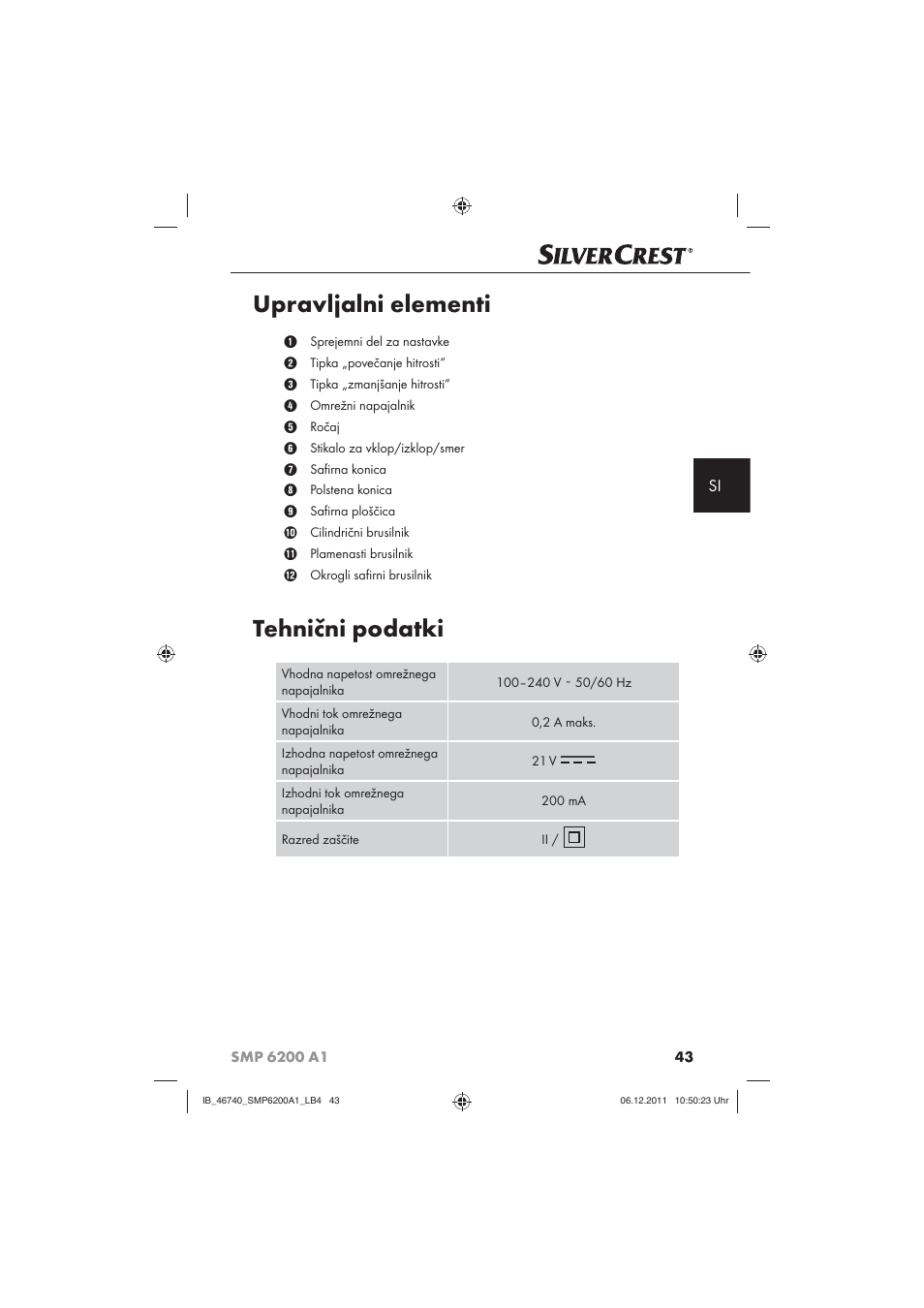 Upravljalni elementi, Tehnični podatki | Silvercrest SMP 6200 A1 User Manual | Page 45 / 98
