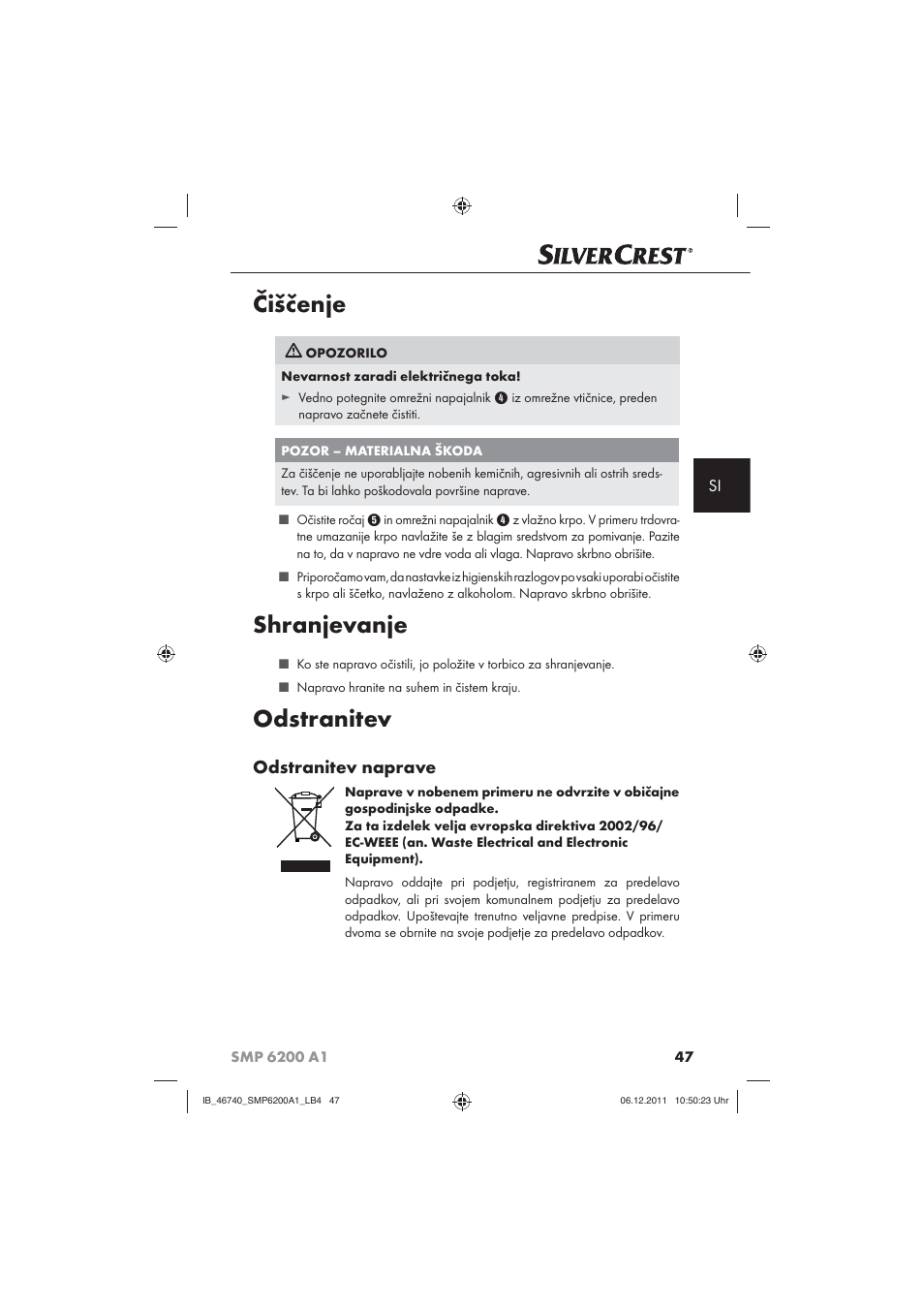 Čiščenje, Shranjevanje, Odstranitev | Odstranitev naprave | Silvercrest SMP 6200 A1 User Manual | Page 49 / 98