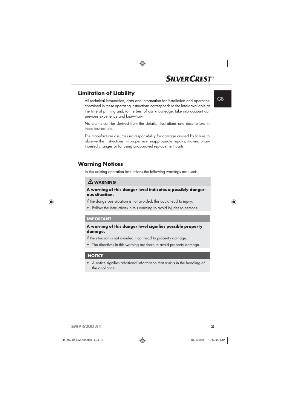 Limitation of liability, Warning notices | Silvercrest SMP 6200 A1 User Manual | Page 5 / 98