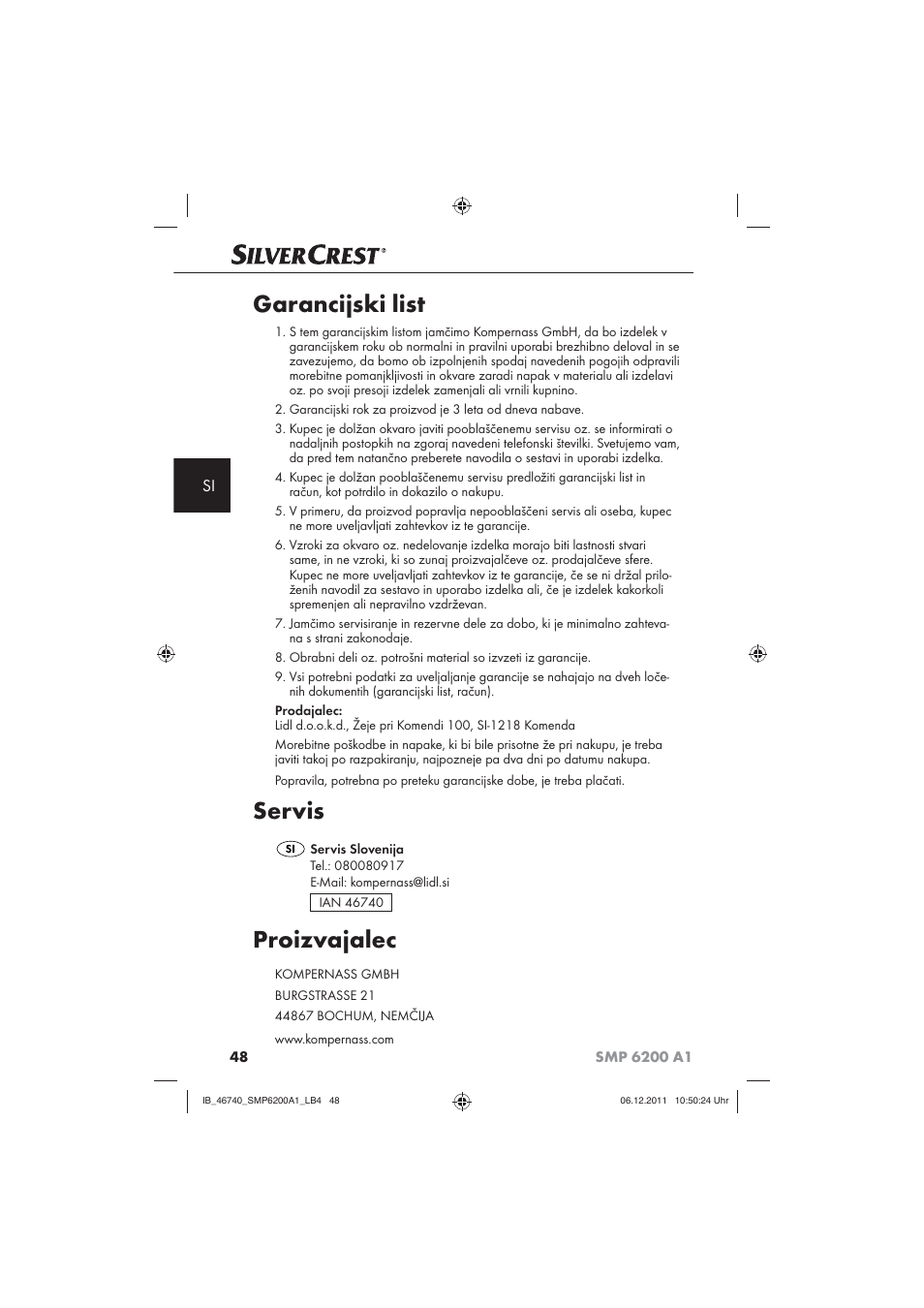 Garancijski list, Servis, Proizvajalec | Silvercrest SMP 6200 A1 User Manual | Page 50 / 98