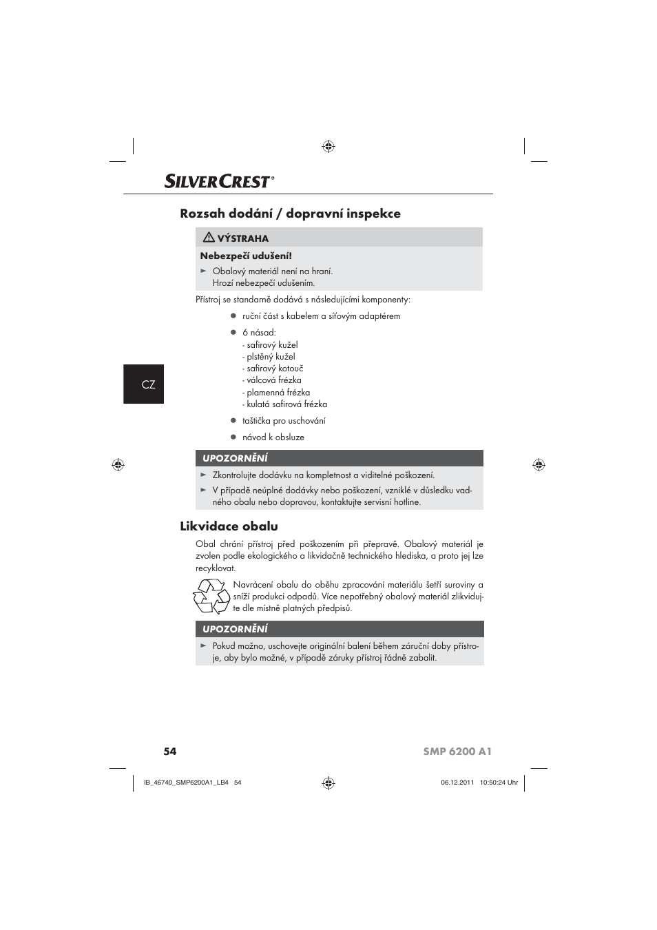 Rozsah dodání / dopravní inspekce, Likvidace obalu | Silvercrest SMP 6200 A1 User Manual | Page 56 / 98