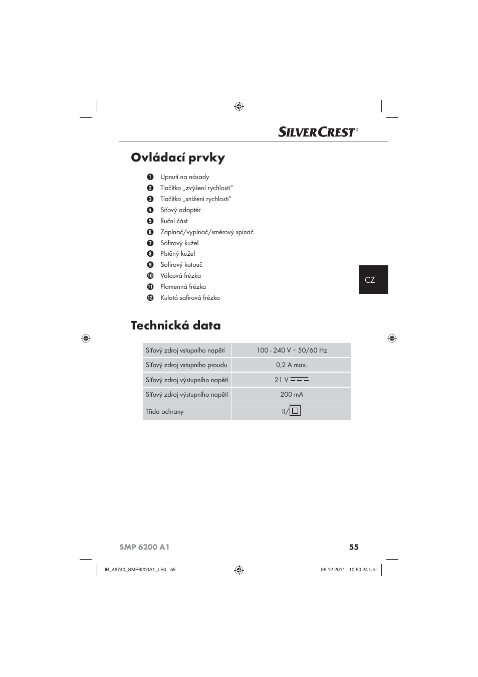 Ovládací prvky, Technická data | Silvercrest SMP 6200 A1 User Manual | Page 57 / 98