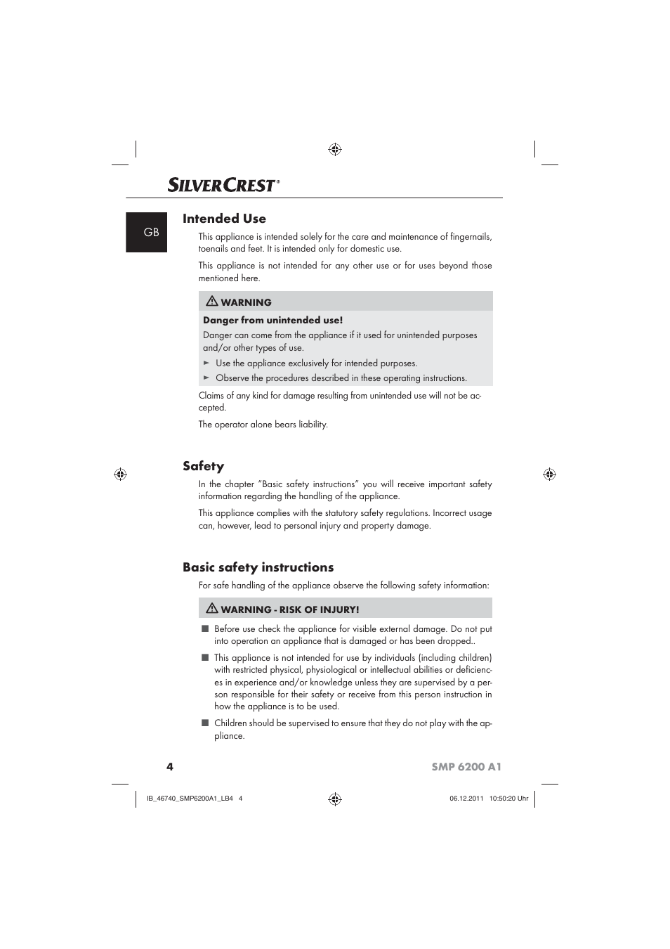 Intended use, Safety, Basic safety instructions | Silvercrest SMP 6200 A1 User Manual | Page 6 / 98