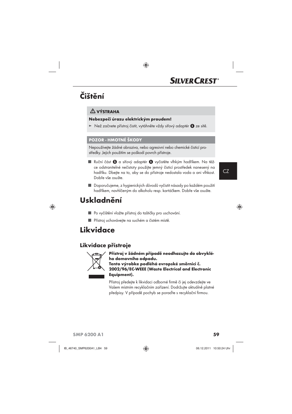Čištění, Uskladnění, Likvidace | Likvidace přístroje | Silvercrest SMP 6200 A1 User Manual | Page 61 / 98