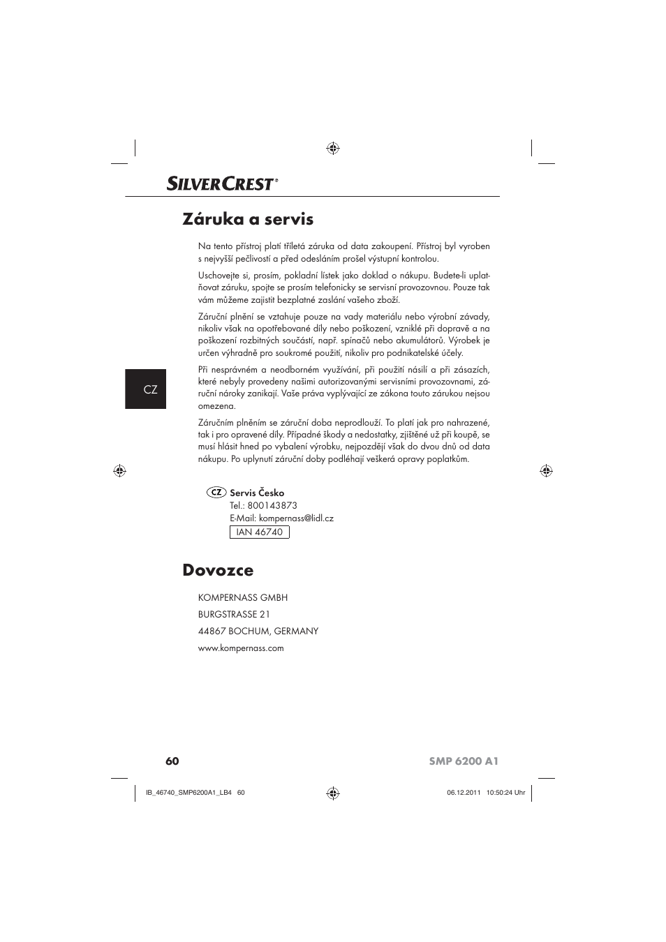 Záruka a servis, Dovozce | Silvercrest SMP 6200 A1 User Manual | Page 62 / 98