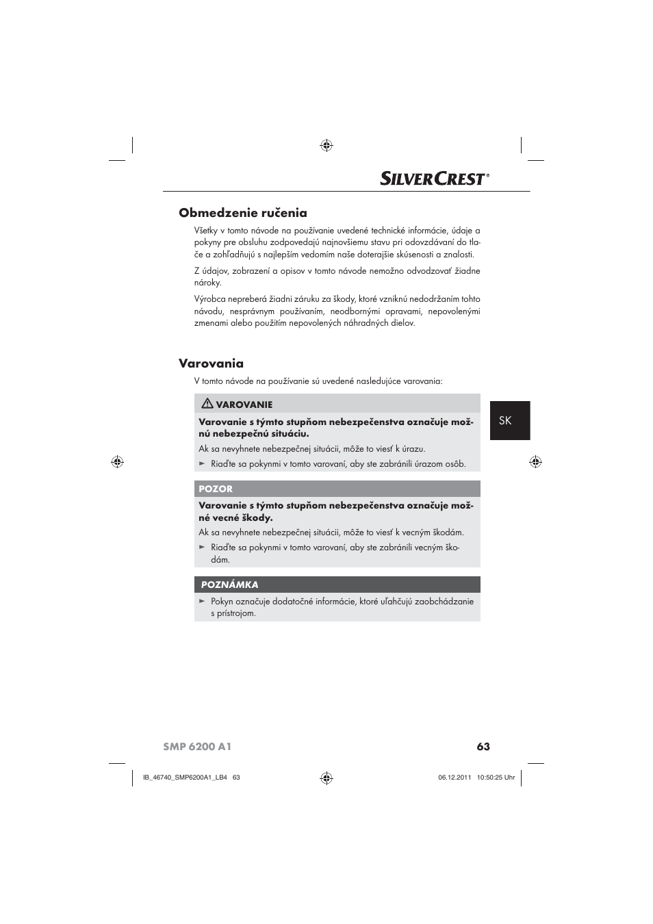 Obmedzenie ručenia, Varovania | Silvercrest SMP 6200 A1 User Manual | Page 65 / 98