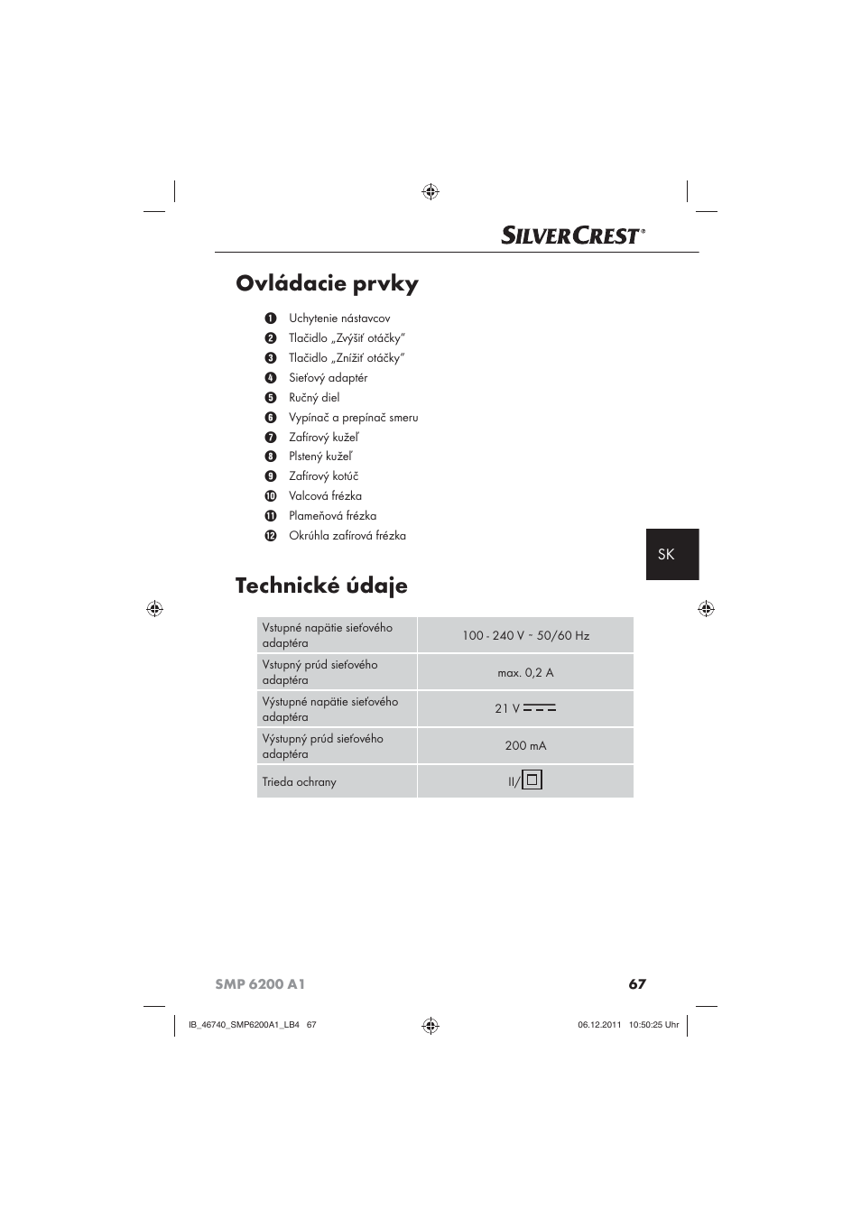 Ovládacie prvky, Technické údaje | Silvercrest SMP 6200 A1 User Manual | Page 69 / 98