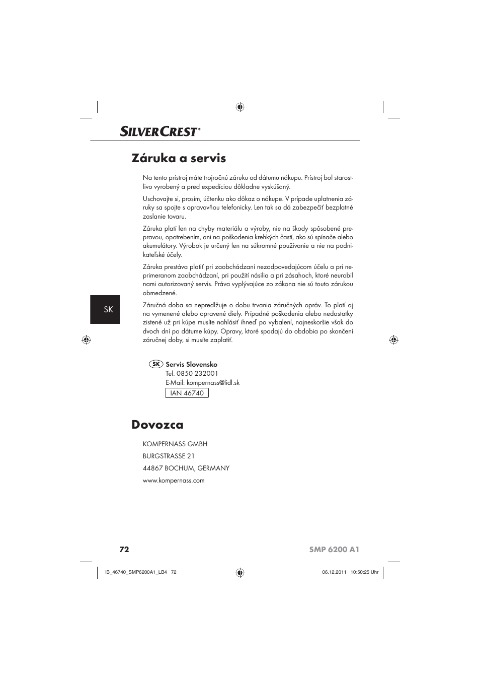 Záruka a servis, Dovozca | Silvercrest SMP 6200 A1 User Manual | Page 74 / 98