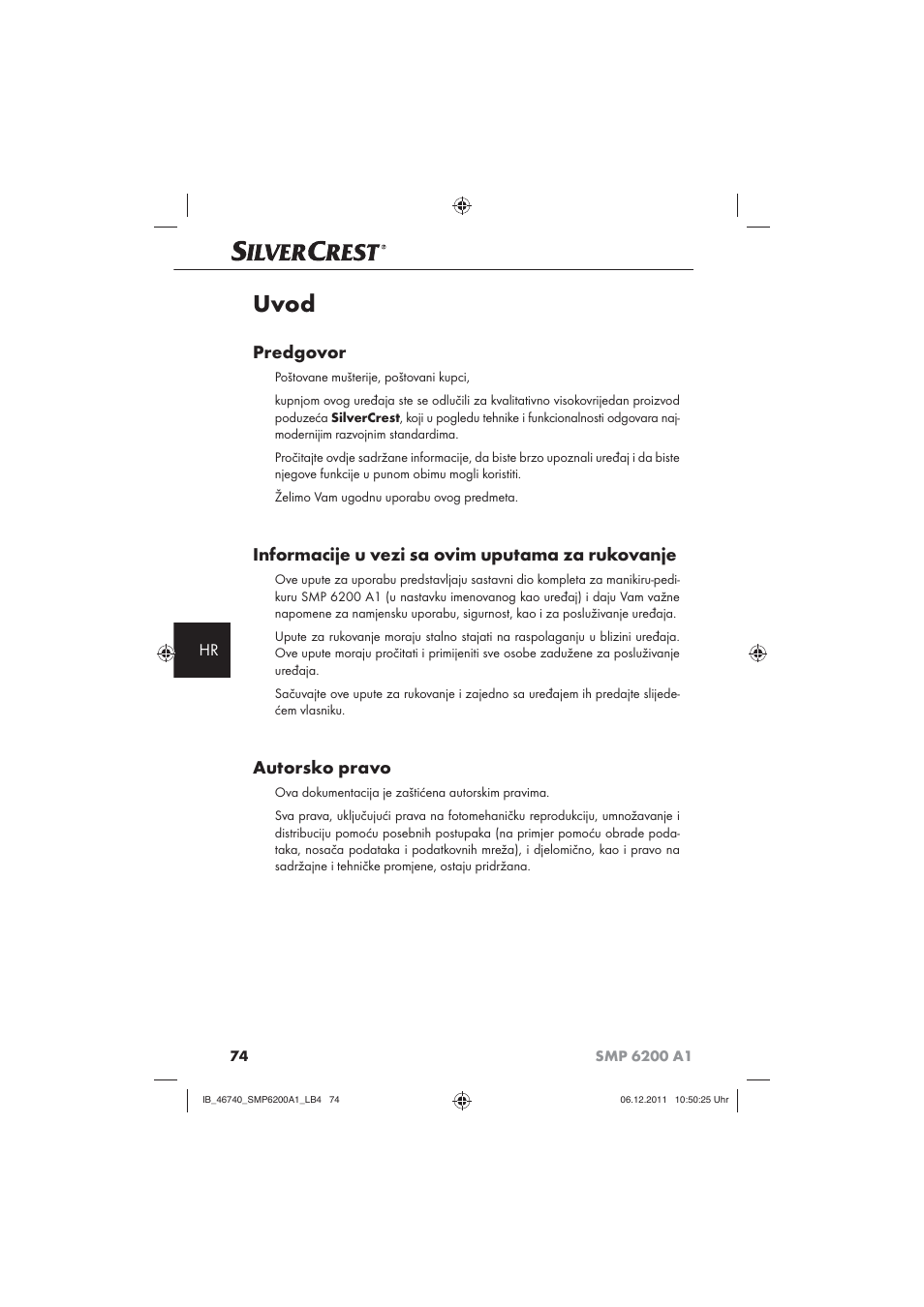 Uvod, Predgovor, Informacije u vezi sa ovim uputama za rukovanje | Autorsko pravo | Silvercrest SMP 6200 A1 User Manual | Page 76 / 98