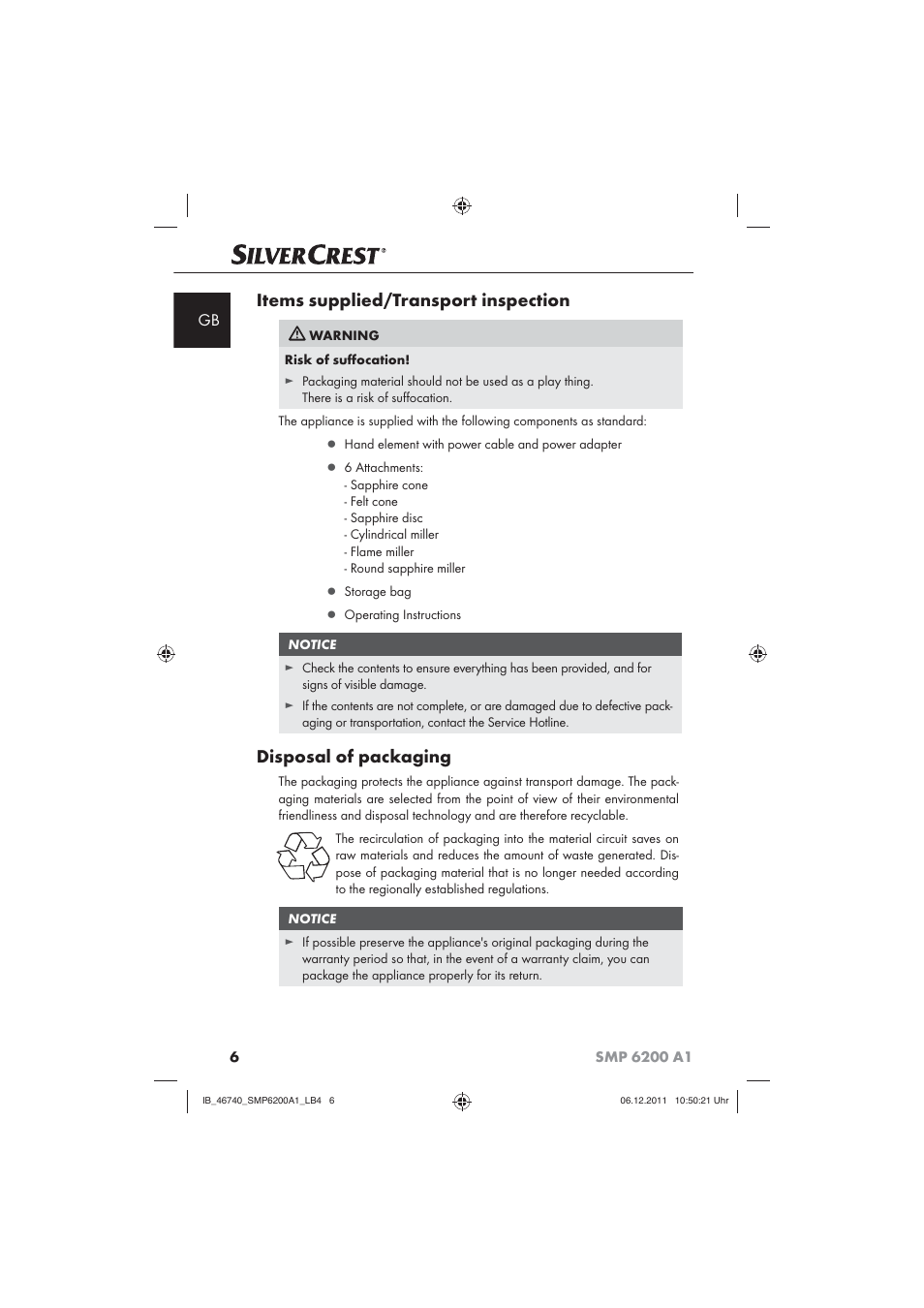 Items supplied/transport inspection, Disposal of packaging | Silvercrest SMP 6200 A1 User Manual | Page 8 / 98