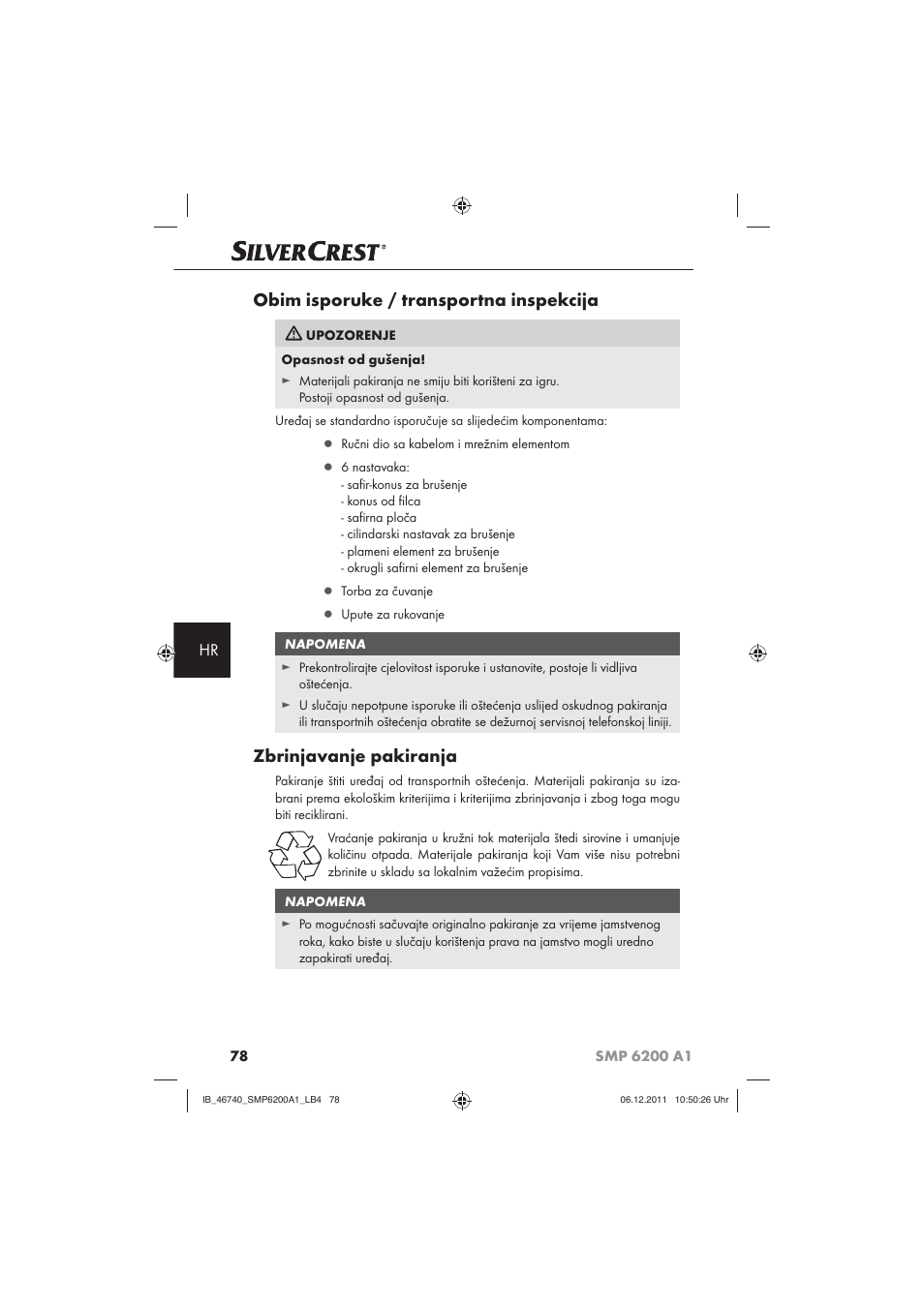 Obim isporuke / transportna inspekcija, Zbrinjavanje pakiranja | Silvercrest SMP 6200 A1 User Manual | Page 80 / 98
