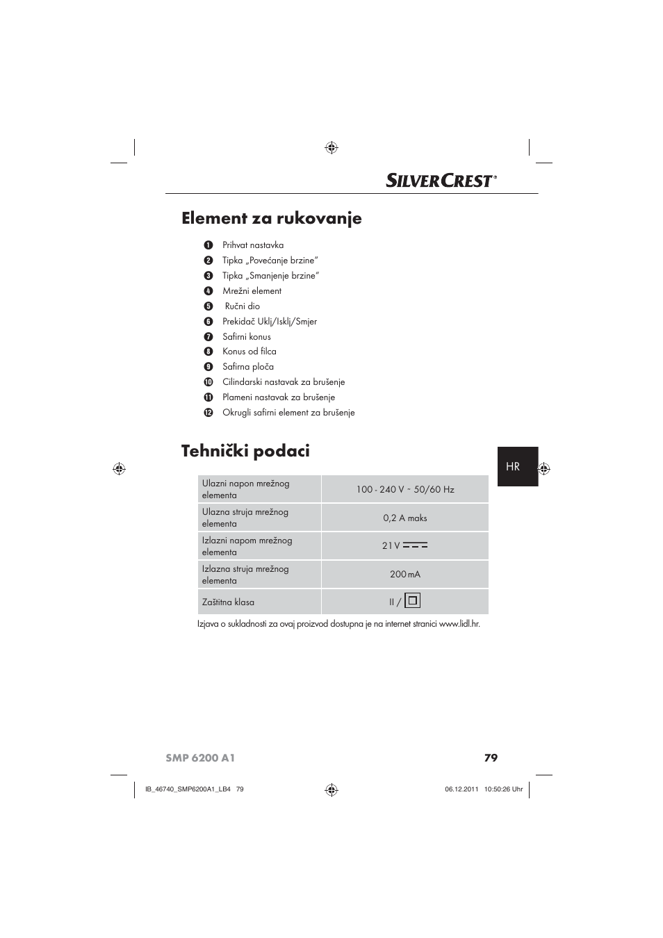 Element za rukovanje, Tehnički podaci | Silvercrest SMP 6200 A1 User Manual | Page 81 / 98