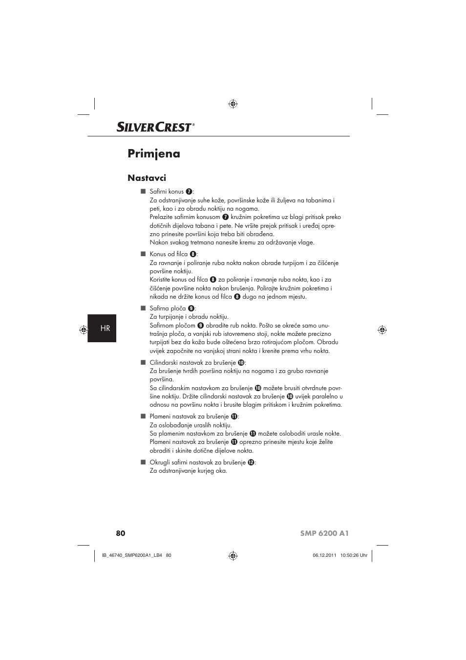 Primjena, Nastavci | Silvercrest SMP 6200 A1 User Manual | Page 82 / 98